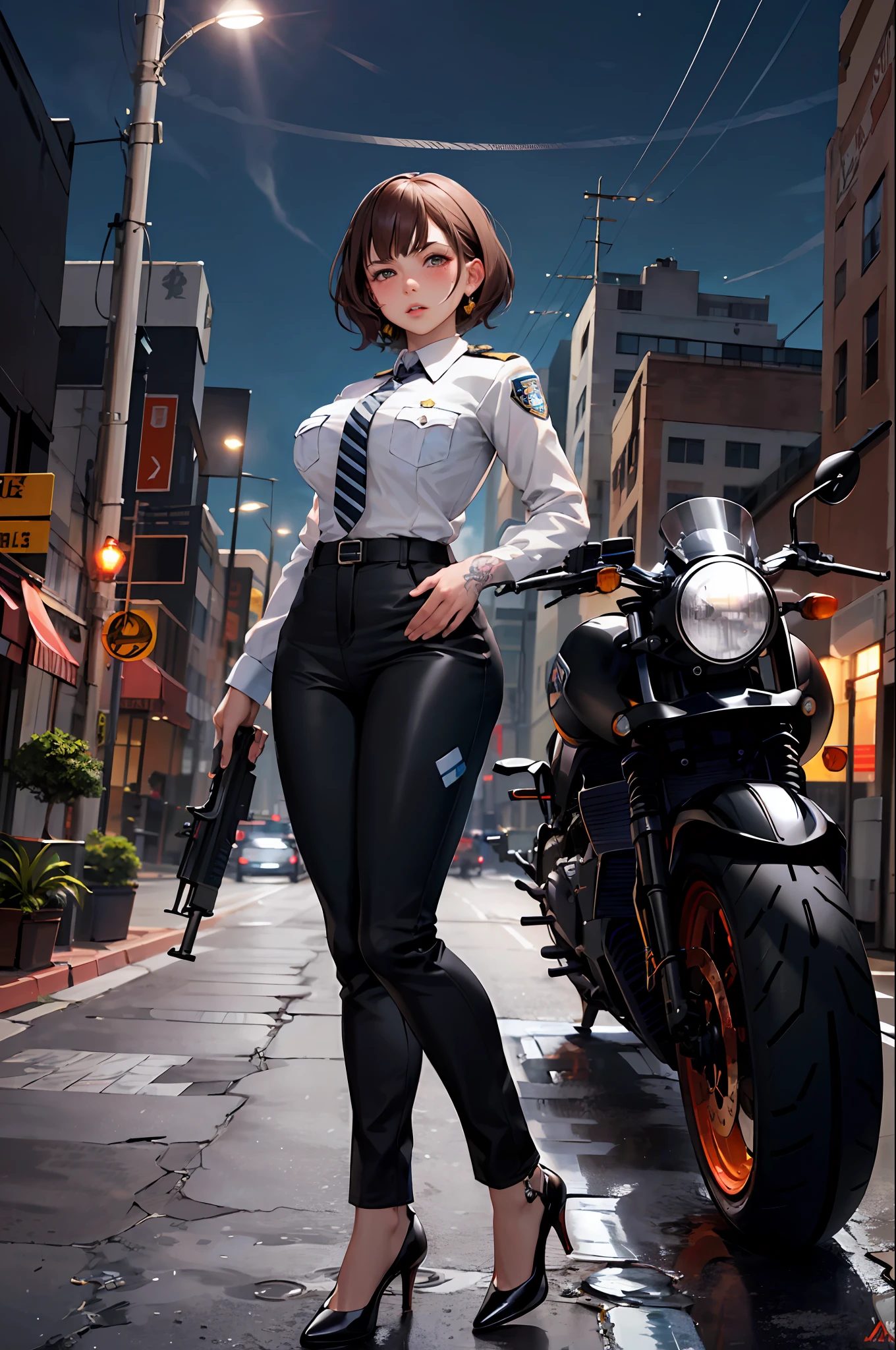 1girls, Policewoman, Delicate and beautiful face, Blush face, Short curly hair, hair spread out, Hair strips dyeing，goggles, angry, parted lips, tattooed，Busty boobs, Convex buttocks, White striped shirt, With police insignia, black necktie, Black suit pants, Black high heels, mitts, Raise the gun in your hand, perfectly proportioned, Detailed clothing details, Police motorcycles, Police light effect, The metropolis of the future, Sci-fi sense, Cinematic lighting, filmgrain, Fujicolor, contrast between light and dark, 8K, Masterpiece, Textured skin, Super detail, highdetailed, High quality, high resolutions,