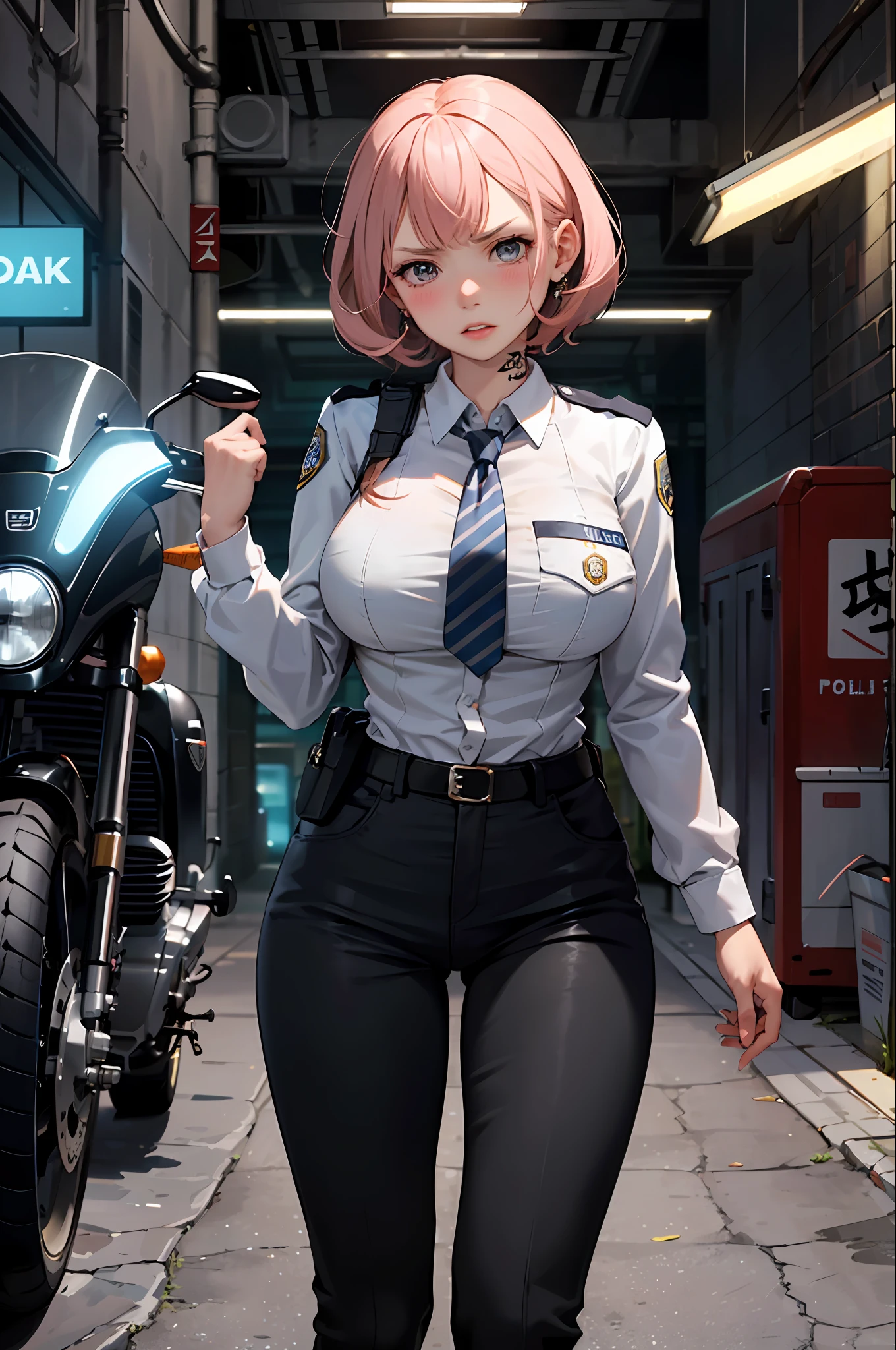 1girls, Policewoman, Delicate and beautiful face, Blush face, Short curly hair, hair spread out, Hair strips dyeing，goggles, angry, parted lips, tattooed，Busty boobs, Convex buttocks, White striped shirt, With police insignia, black necktie, Black suit pants, Black high heels, mitts, Raise the gun in your hand, perfectly proportioned, Detailed clothing details, Police motorcycles, Police light effect, The metropolis of the future, Sci-fi sense, Cinematic lighting, filmgrain, Fujicolor, contrast between light and dark, 8K, Masterpiece, Textured skin, Super detail, highdetailed, High quality, high resolutions,