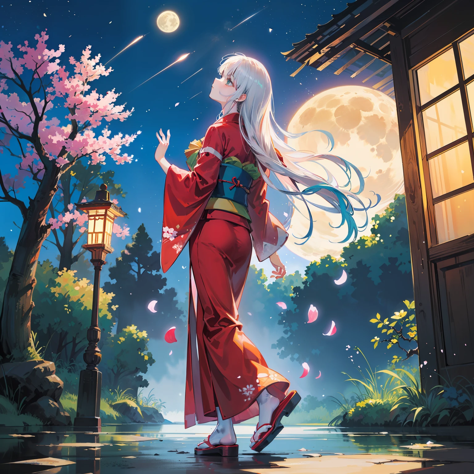 Open landscape , Landscape , Panorama shot , (Looking up, Looking down), Shrine maiden looking up, (Full moon: 1. 2), (Shooting star: 0. 9), (Nebula: 1. 3), Starry sky, Shining lantern, Fantastic cherry blossom tree, Trees, (Warm light source: 1. 2), (Firefly: 1. 2), Lamp 3), Starry sky, Torii gate, (Warm light source: 1. 2), ( (Firefly: 1. 2), Lamp, Orange and Blue Fine Detail, (Masterpiece: 1. 2), (Best Quality), 4k, Ultra Fine Detail, (Dynamic Composite: 1. 2), (Best Quality), Lamp, Orange and Blue Voluminous Lighting Main Fine Detail BREAK ((Masterpiece: 1.2), (Best Quality), 4k, Ultra Fine Detail, (Dynamic Composite: 1.4), Very Fine Detail, Colorful Detail, (Iridescent: 1. 2), (Luminous Lighting, Ambient Lighting), Dream like ( Ambient Lighting), dreamy, fantastic, (Solo: 1.2), sparkling, petals dancing, dancing light, white hair, beautiful hair, long hair, dancing hair, back view, puddle, dynamic pose, priestess outfit, priestess, red kimono