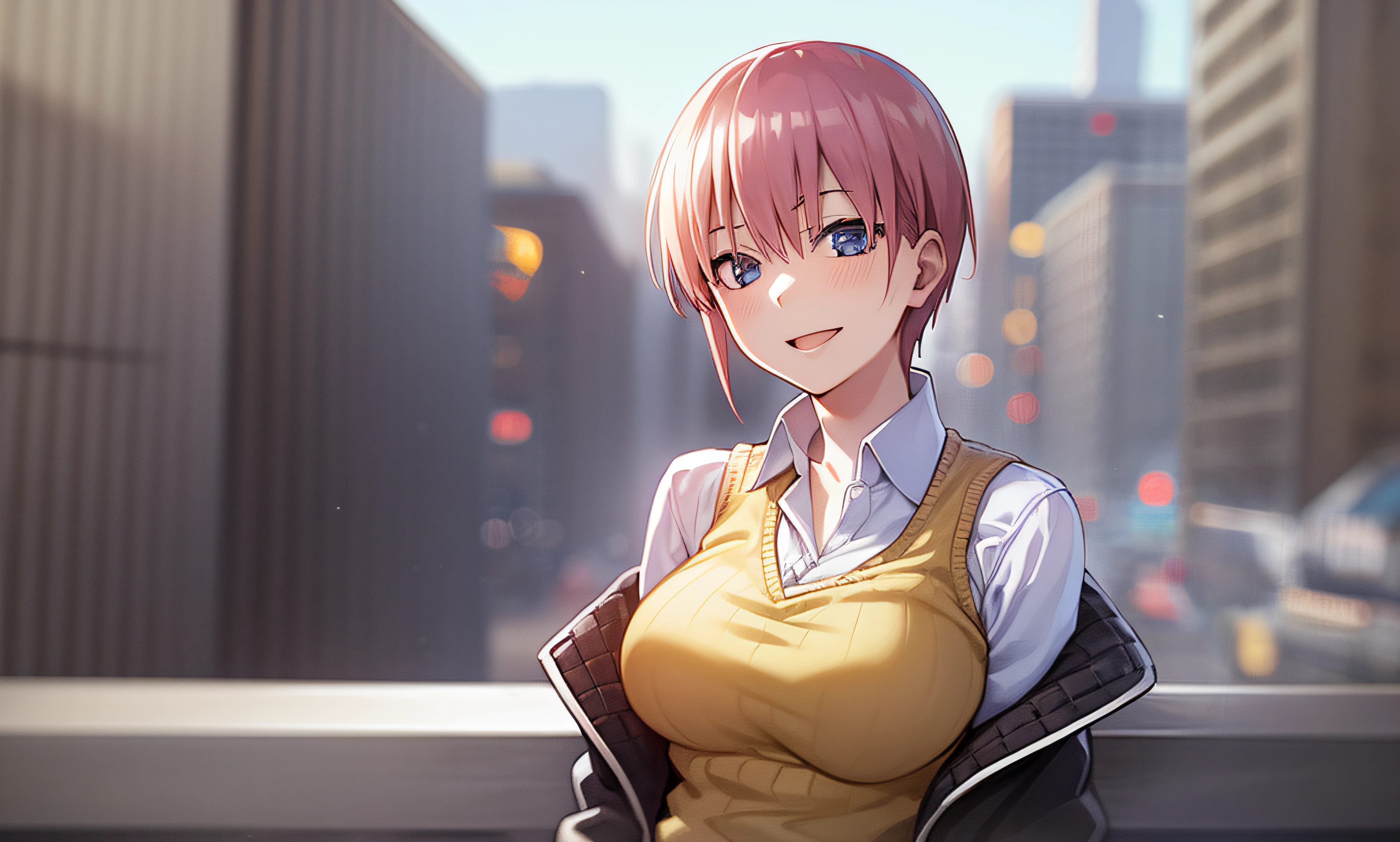 2d, masterpiece, best quality, anime, highly detailed, 1girl, solo, cowboy shot, nakano ichika, pink hair, short hair, yellow sweater, off-shoulder sweater, collarbone, long sleeves, (black bra), medium breasts, smile, outdoors, city