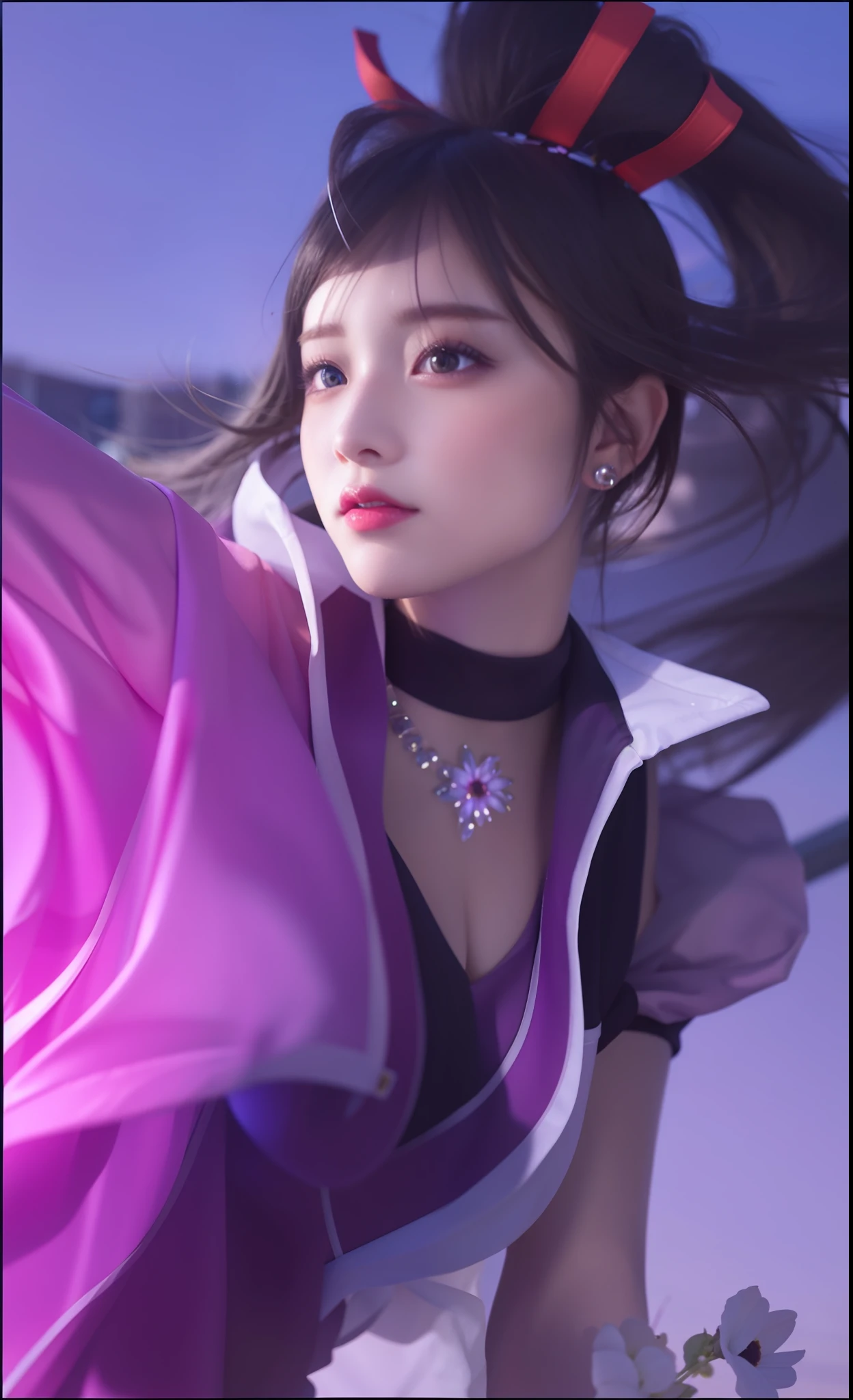 realistic, 1girl, white hair, purple eyes, glowing eyes, crop top, skirt, parted lips, blush, night, flowers, sun, sunlight,