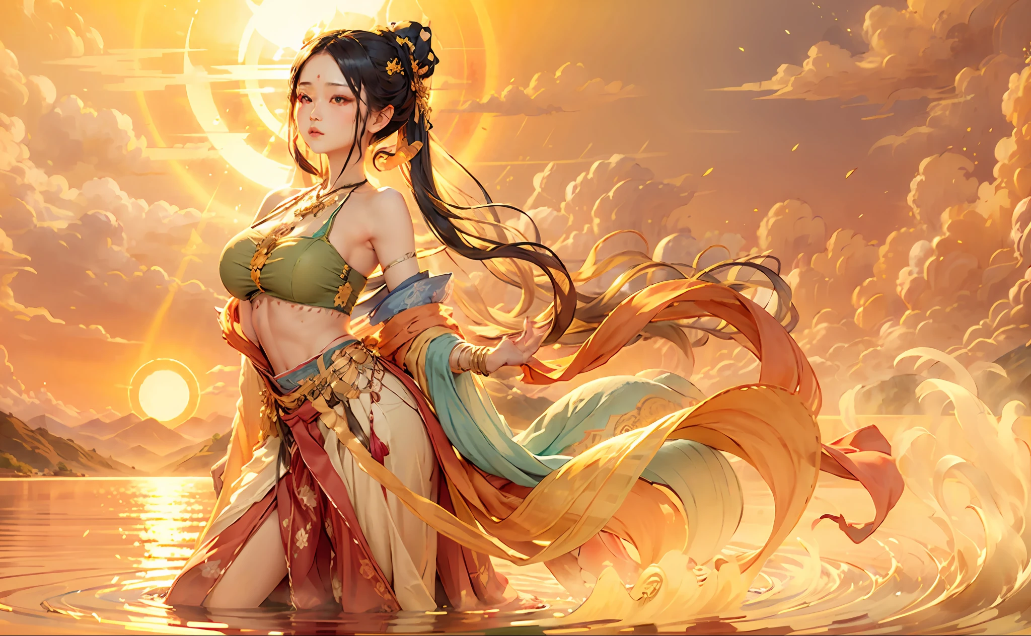1girl with big breasts,calm expression,captivating eyes,Straight hair,Flowing skirt,A calm posture,Porcelain-like skin,Subtle blush,Crystal Pendant BREAK Prime Time,(edgelighting):1.2,warm color palette,sun flares,gentle shadows,bright colours,painterly finish,Fantastic atmosphere BREAK scenic lake,distant mountain,Willow,Golden desert,glint,Sunlit clouds,sereneatmosphere,Idyllic sunsets,hyper detailed,officlal art,统一 8k 壁纸,zentangle,a Mandala