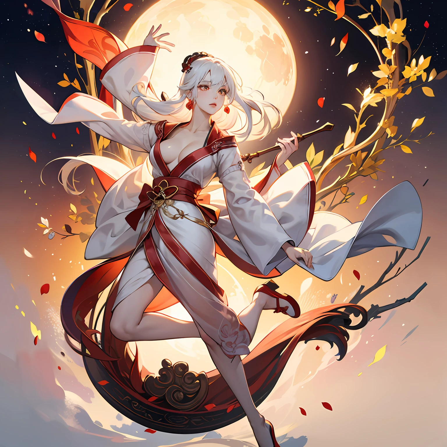 Mature girl,Orange pupils, red-white hair color, Floating hair, delicate and flexible eyes, Intricate damask hanfu, luxury accessories, Nude petals flying in pearl earrings, full - body,Chang'e,cleavage of breasts,Bare breasts, --auto