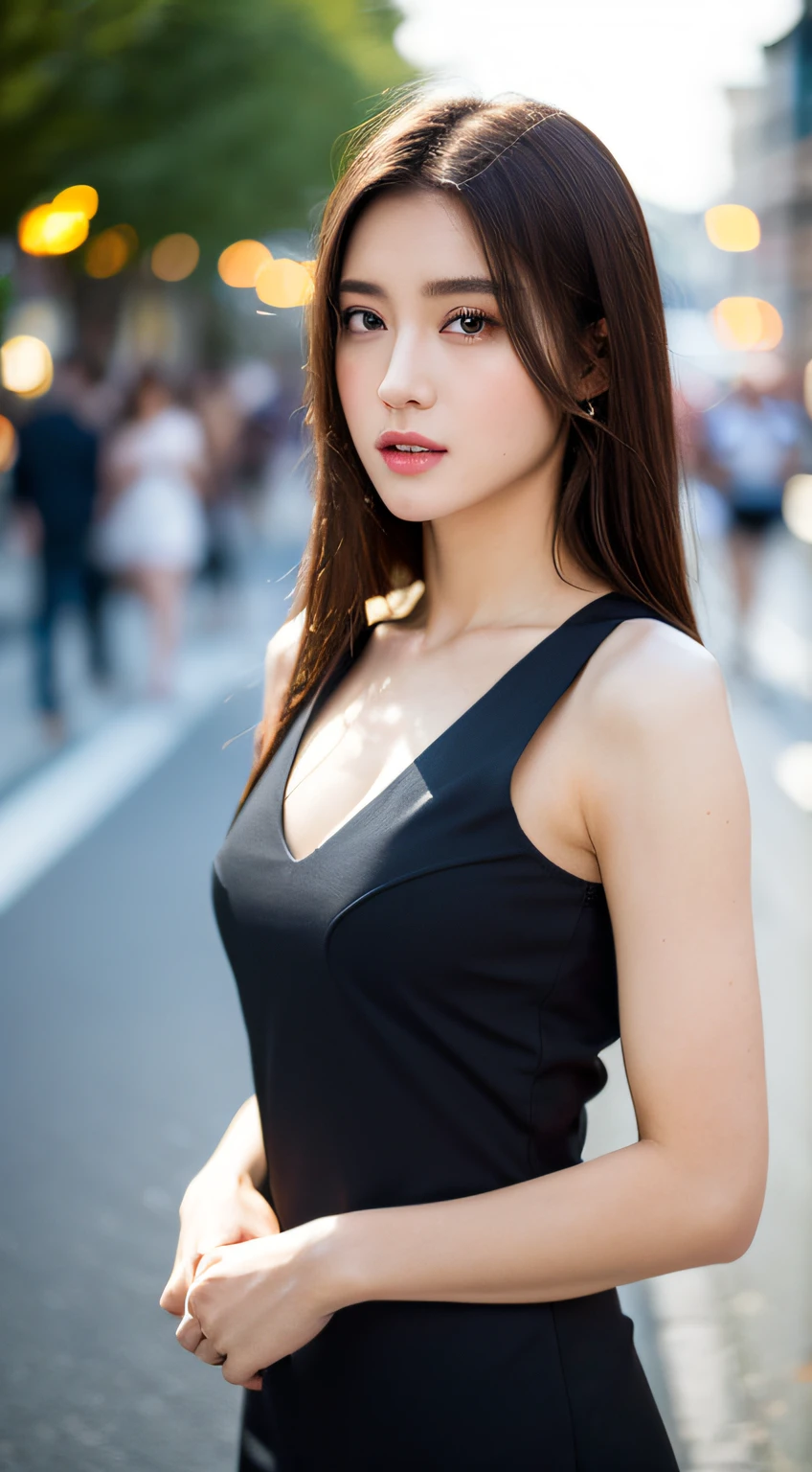((Realistic lighting, Best quality, 8K, Masterpiece: 1.3)), Focus: 1.2, 1girl, Perfect Body Beauty: 1.4, Slim Abs: 1.1, ((Dark Brown Hair)), (Aqua Dress: 1.4), (Outdoor, Night: 1.1), City Street, Super Fine Face, Fine Eyes, Double Eyelids,