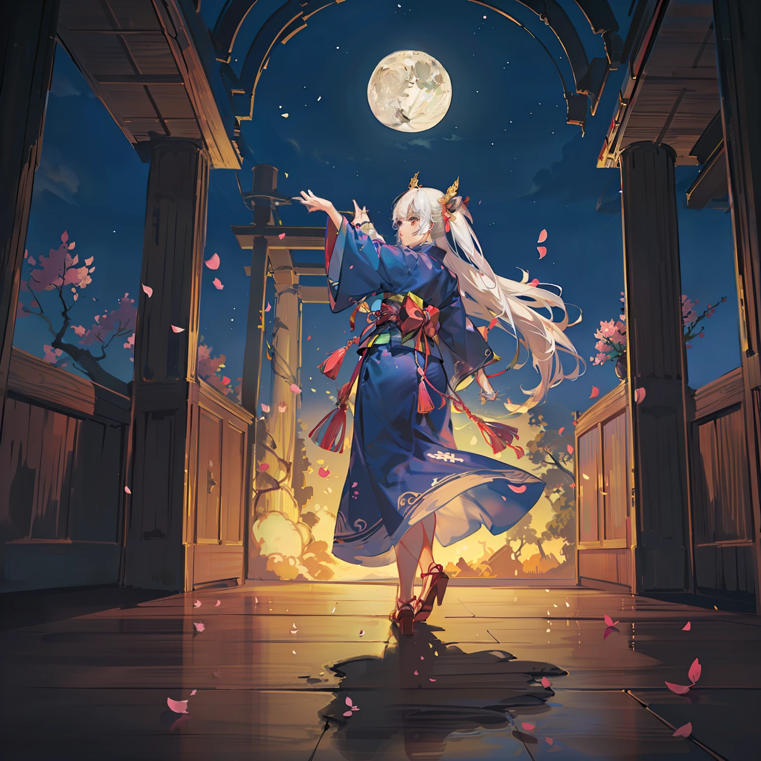Open landscape , Landscape , Panorama shot , (Looking up, Looking down), Shrine maiden looking up, (Full moon: 1. 2), (Shooting star: 0. 9), (Nebula: 1. 3), Starry sky, Shining lantern, Fantastic cherry blossom tree, Trees, (Warm light source: 1. 2), (Firefly: 1. 2), Lamp 3), Starry sky, Torii gate, (Warm light source: 1. 2), ( (Firefly: 1. 2), Lamp, Orange and Blue Fine Detail, (Masterpiece: 1. 2), (Best Quality), 4k, Ultra Fine Detail, (Dynamic Composite: 1. 2), (Best Quality), Lamp, Orange and Blue Voluminous Lighting Main Fine Detail BREAK ((Masterpiece: 1.2), (Best Quality), 4k, Ultra Fine Detail, (Dynamic Composite: 1.4), Very Fine Detail, Colorful Detail, (Iridescent: 1. 2), (Luminous Lighting, Ambient Lighting), Dream like ( Ambient Lighting), dreamy, fantastic, (Solo: 1.2), sparkling, petals dancing, dancing light, white hair, beautiful hair, long hair, dancing hair, back view, puddle, dynamic pose, priestess outfit, priestess, red kimono