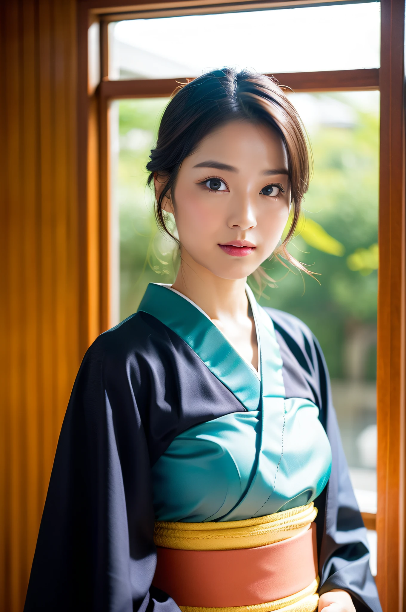 ((Best Quality, 8K, Masterpiece: 1.3)), Sharp Focus: 1.2, (Super Beautiful Face: 1.0), (Slender Abs Beauty: 1.0), (Shiny Skin: 1.0), Realistic Photography, Black Hair, Realistic Pupils, Video Lighting, High Definition Eyes and Face, Video Lighting, (Cowboy Shot: 1.3), (Kimono, Hakama, Obi: 1.4), (Korean Cute Actress), Traditional Kimono, Front Off, Big