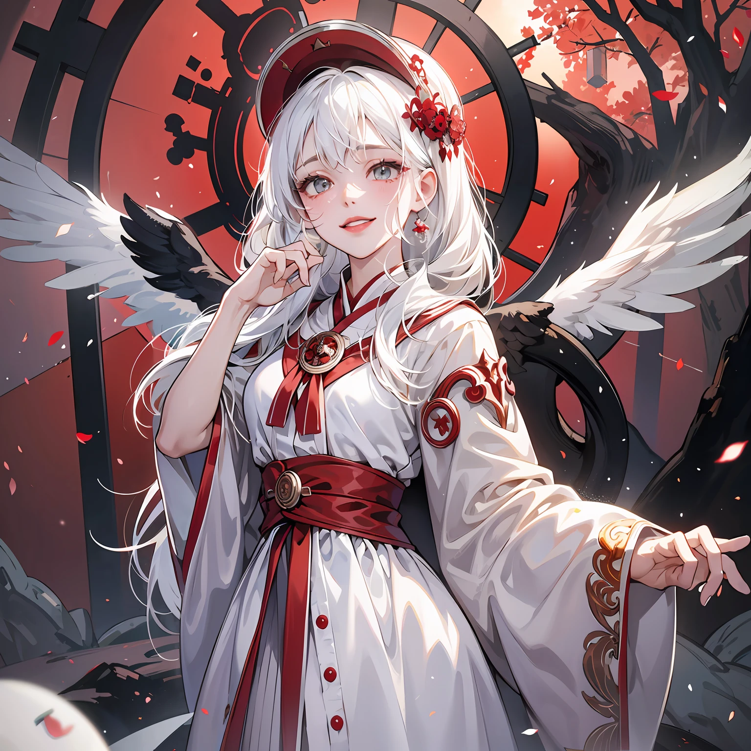 Mature girl,Orange pupils, red-white hair color, Floating hair, delicate and flexible eyes, Intricate damask hanfu, luxury accessories, Nude petals flying in pearl earrings, full - body,Chang'e,cleavage of breasts,Bare breasts, --auto