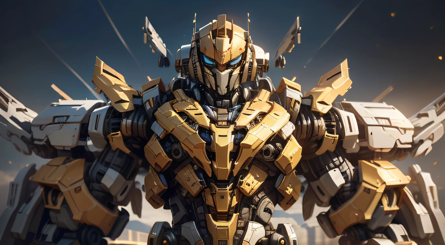 (Realistic:1.5), detailed, render, Epic, biomechanical, helmet, (Black gold metal:1.5), diffused lighting, Dynamic pose, Complex, elegant, (Dynamic background), Highly detailed, Sharp focus, Vibrant colors, (battlefileds:1.2), (Epic:1.5), (Man and mech:1.5),shitu-mecha, (Man standing on mech:1.2), (Oversized mech:1.5), Draw stars on mech shoulders, (Photorealistic:1.2),(character close-up:1.5) ,Soft lighting, Cinematic lighting, Cinematic lighting, View of whole room, Sony FE GM, 1080p, 1080p