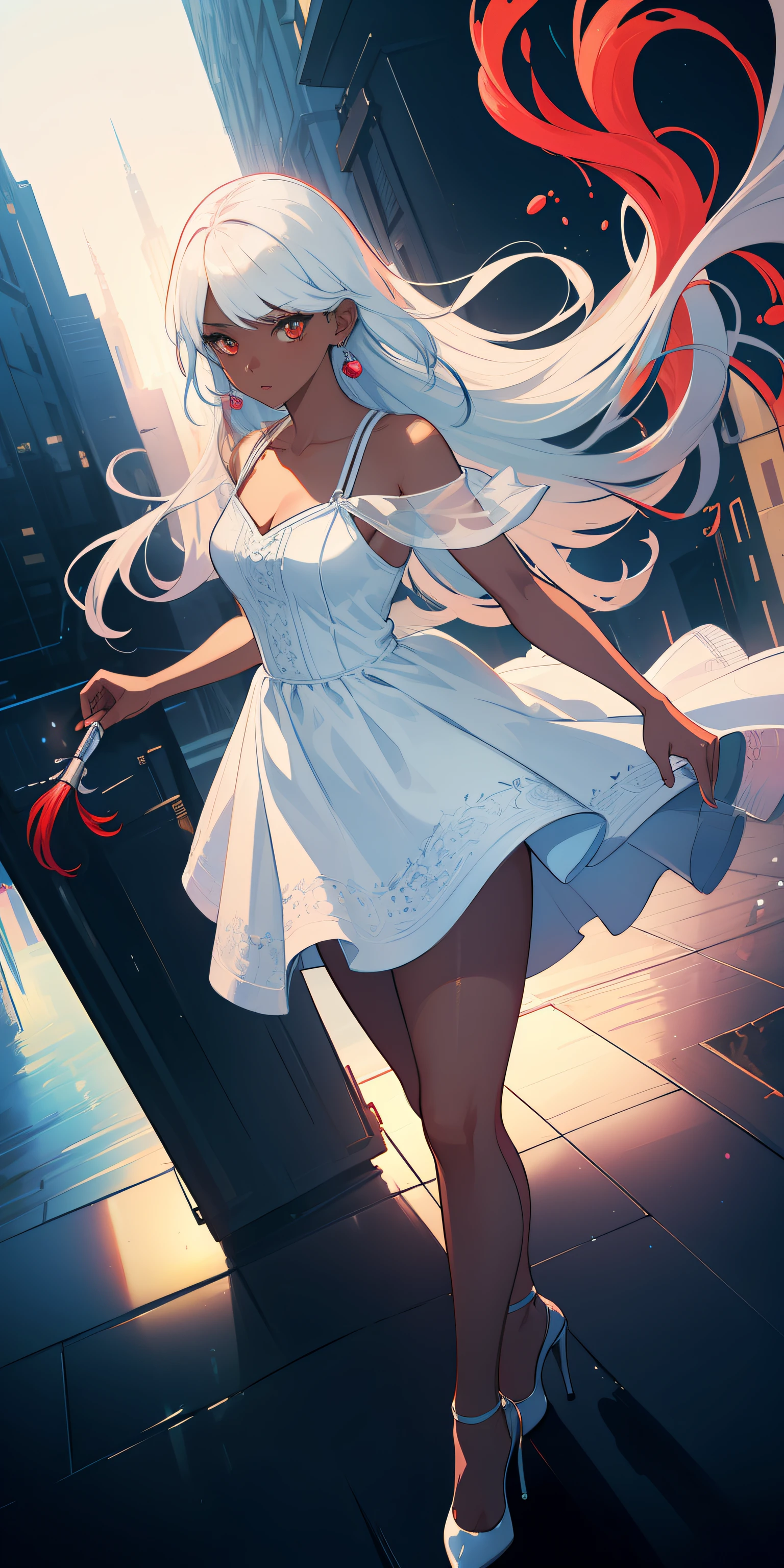 (masterpiece:1.2, best quality), (finely detailed beautiful eyes: 1.2), (extremely detailed CG unity 8k wallpaper, masterpiece, best quality, ultra-detailed, best shadow), (detailed background), cyberpunk city, (beautiful detailed face, beautiful detailed eyes), High contrast, (best illumination, an extremely delicate and beautiful),1girl,((colourful paint splashes on transparent background, dulux,)), dynamic angle,beautiful detailed glow,full body, cowboy shot, white hair, red eyes, dark skin, 1girl wearing a white dress, detailed earrings, pantyrose, high heels