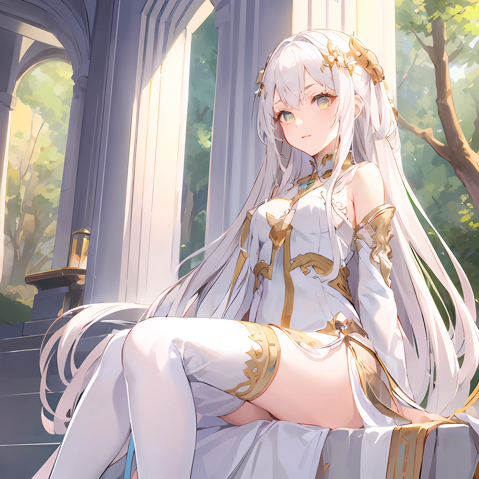 anime - style image of a woman in a white dress sitting on a chair, anime goddess, white haired deity, ((a beautiful fantasy empress)), cushart krenz key art feminine, high detailed official artwork, trending on artstation pixiv, royal elegant pose, smooth anime cg art, cute anime waifu in a nice dress, hestia