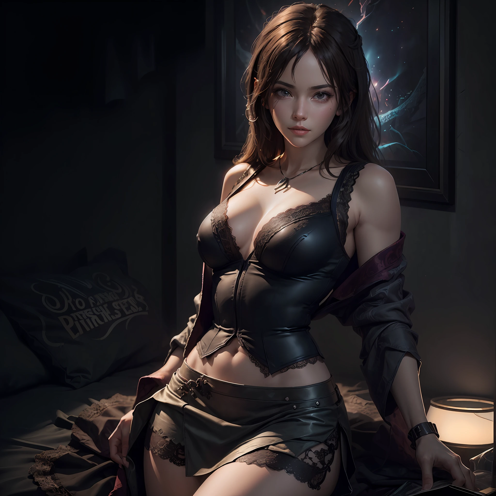 (front focus), (in the dark:1.6), Hyperrealist portrait of female by david hockney and alphonse mucha, cleavage big breasts:1.2, (mini skirt:1,5) , fantasy art, photo realistic, dynamic lighting, artstation, poster, volumetric lighting, very detailed faces, 4 k, award winning, 1girl, in the dark, deep shadow, low key, cowboy shot, (sexy lace clothing:1.4), long hair, black hair --auto