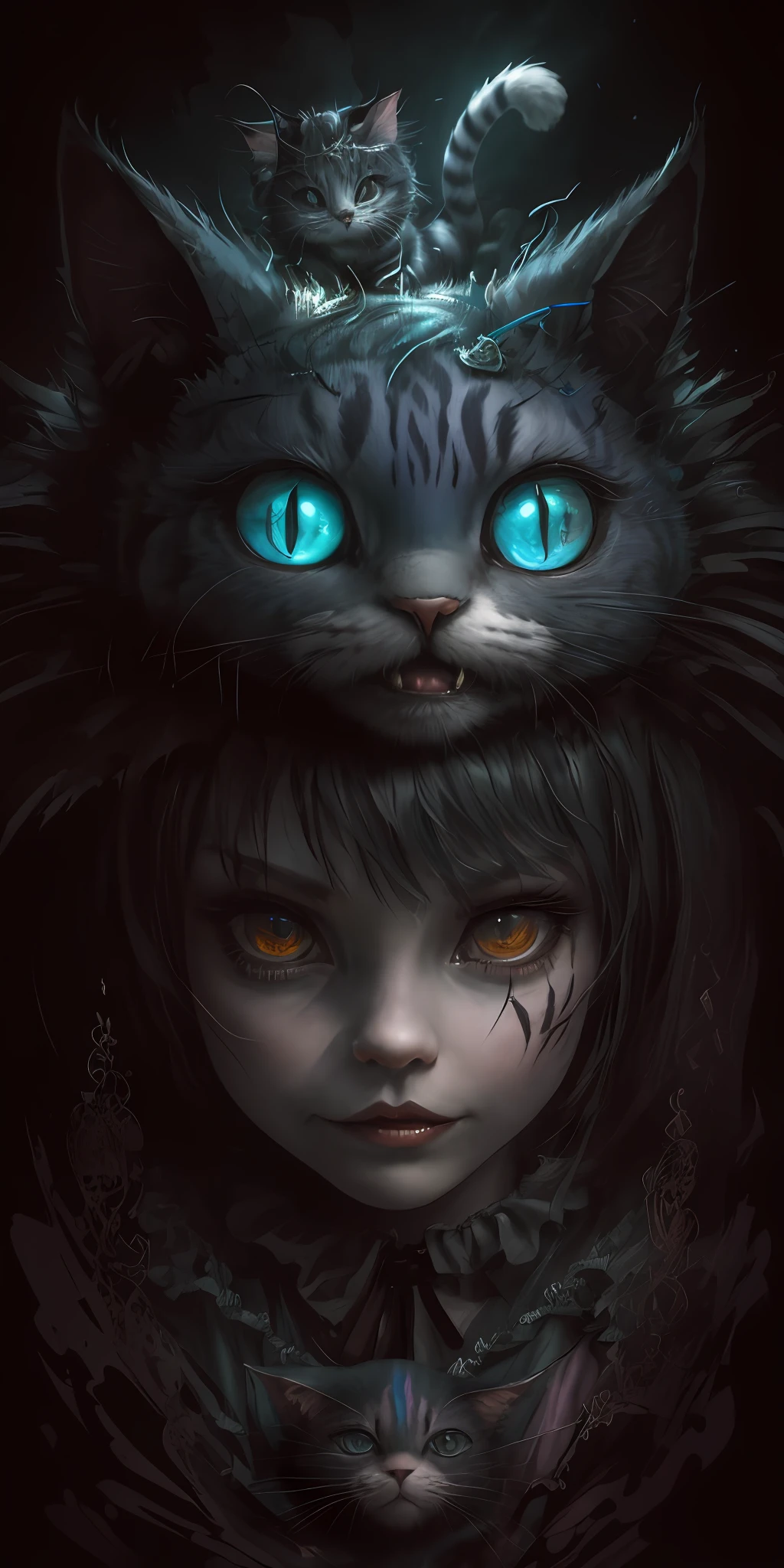 a close up of a  with a cat's head on top of it, the cheshire cat, cheshire cat, cute face. dark fantasy, beautiful and terrifying, alice in wonderland cyberpunk, fantasy horror art, dark but detailed digital art, fantasy dark art, dark fantasy horror art, scary art, horror fantasy art, great digital art with details,cinematic, Hyper detail,HD,ultra resolotion,Hyper detail,8k