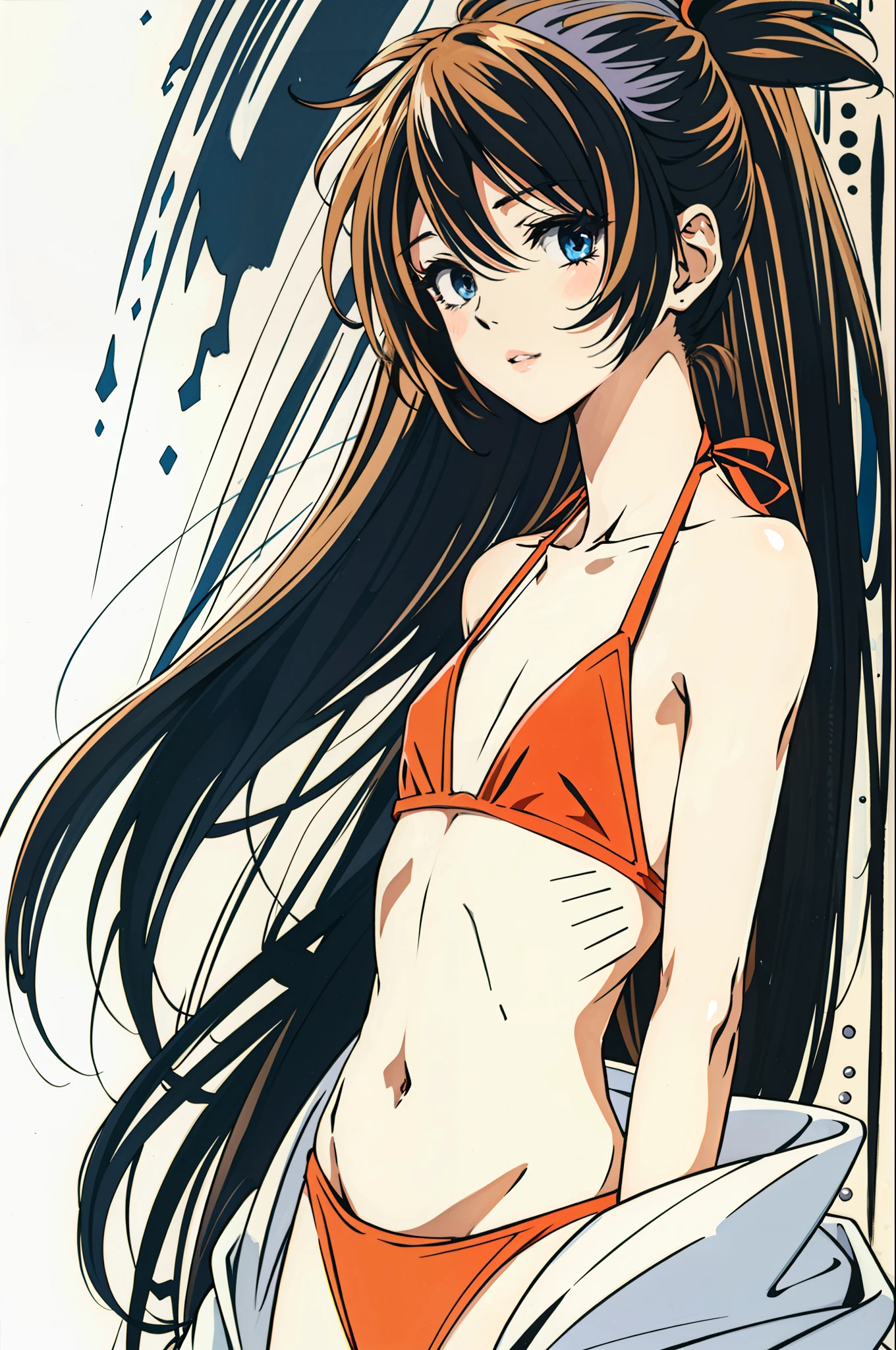 foto retrato de cuerpo entero, beautiful anorexic Asuka Langley, muy flaca en bikini, huesos y costillas visibles, Small flat breasts, very small waist, piernas delgadas, rostro hermoso, vista de perfil de Asuka Langley muy muy flaca, fondo blanco.