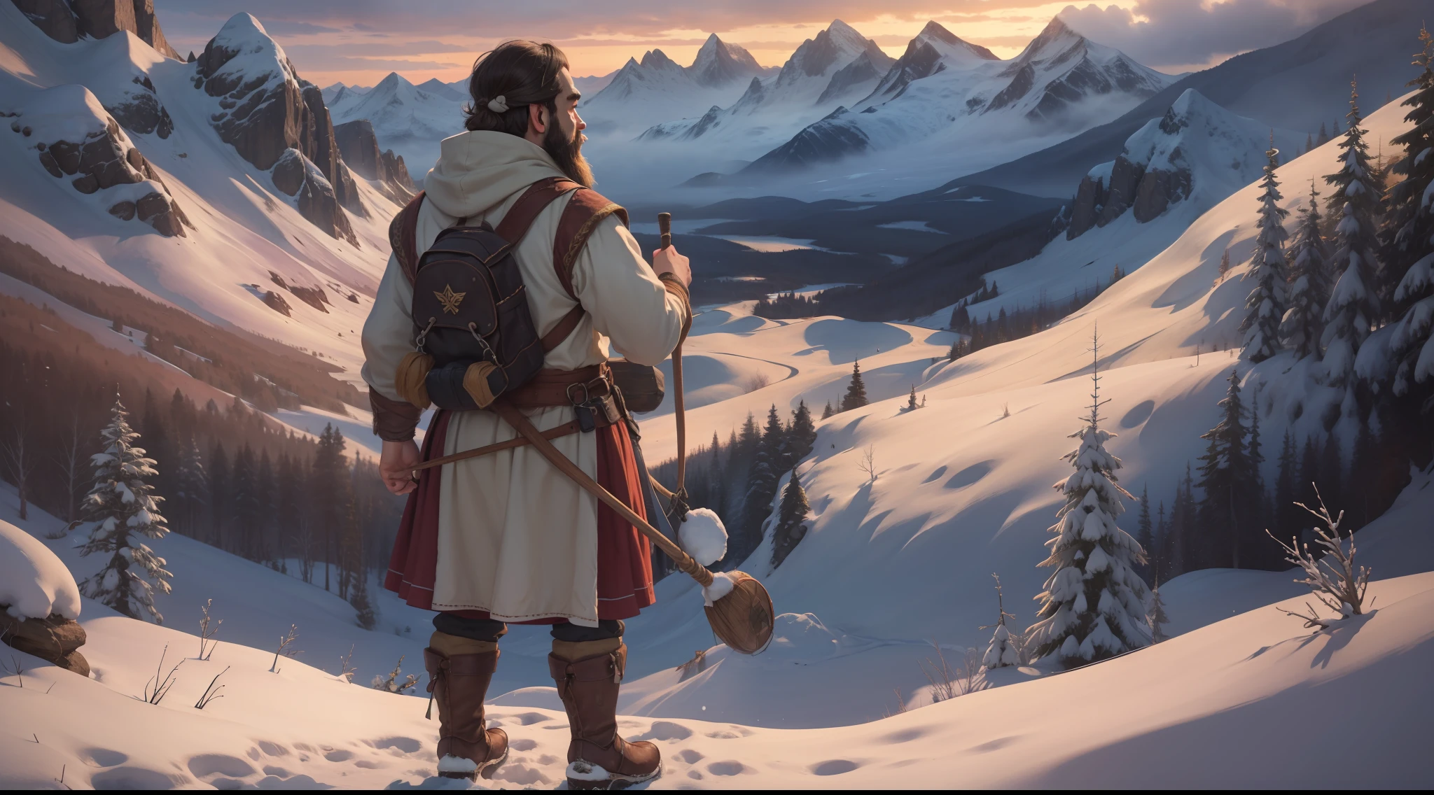 A cute dwarf with a dark beard from the back looking at snowy mountains on the horizon
