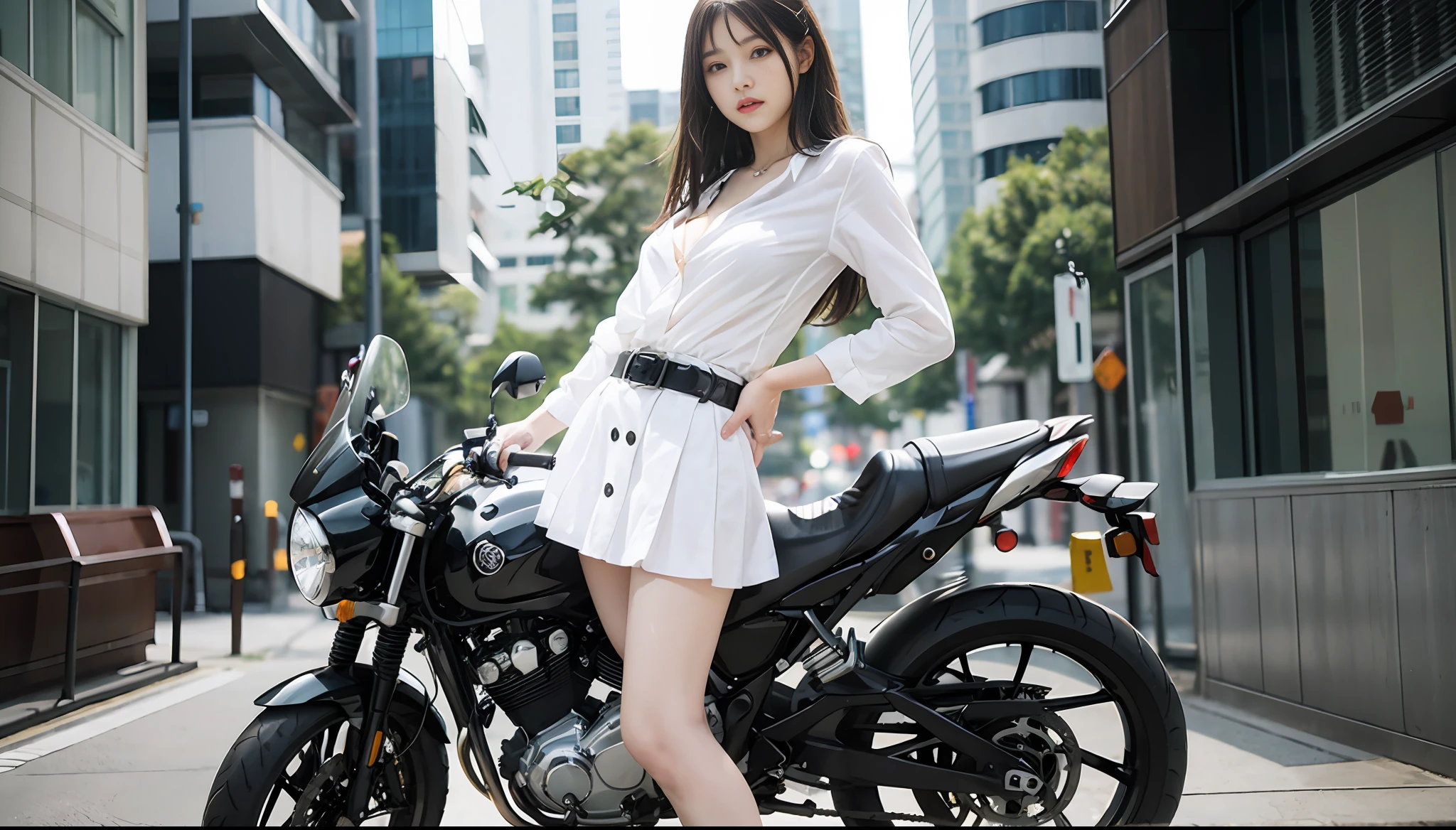 (top quality, high resolution, masterpiece: 1.3), outdoors, 1 person: 2.0, Japan schoolgirl, straddling a motorcycle, back figure, sticking out buttocks, tall and cute woman, slender waist, dark brown hair, chest, wearing pendant, white button-up shirt, belt, black skirt, (modern architecture on background), Exquisitely rendered details on face and skin texture, detailed eyes, double eyelids, slender thighs, plateau