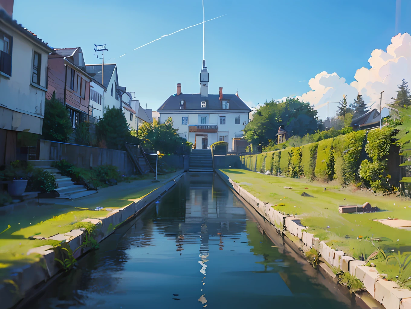 no humans, scenery, vanishing point, from below, masterpiece, best quality, 8k, absurdres, water surface, summer, noon, sunlight, blue sky, perspective, depth of field, highres, finely detail, ultra-detailed, sharp focus