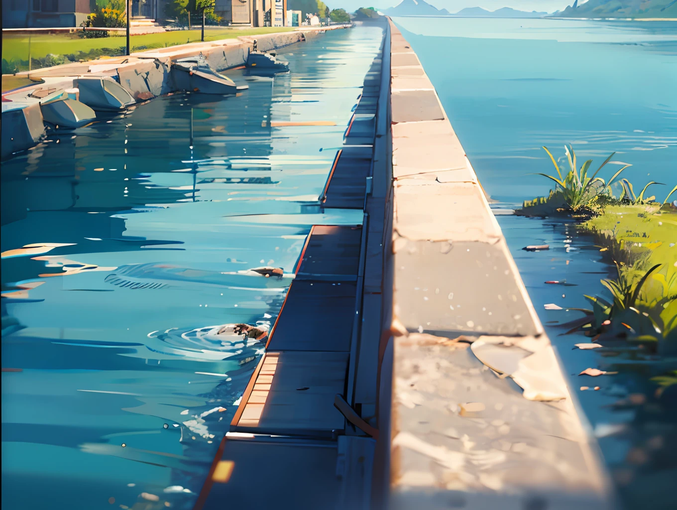 no humans, scenery, vanishing point, from below, masterpiece, best quality, 8k, absurdres, water surface, summer, noon, sunlight, blue sky, perspective, depth of field, highres, finely detail, ultra-detailed, sharp focus