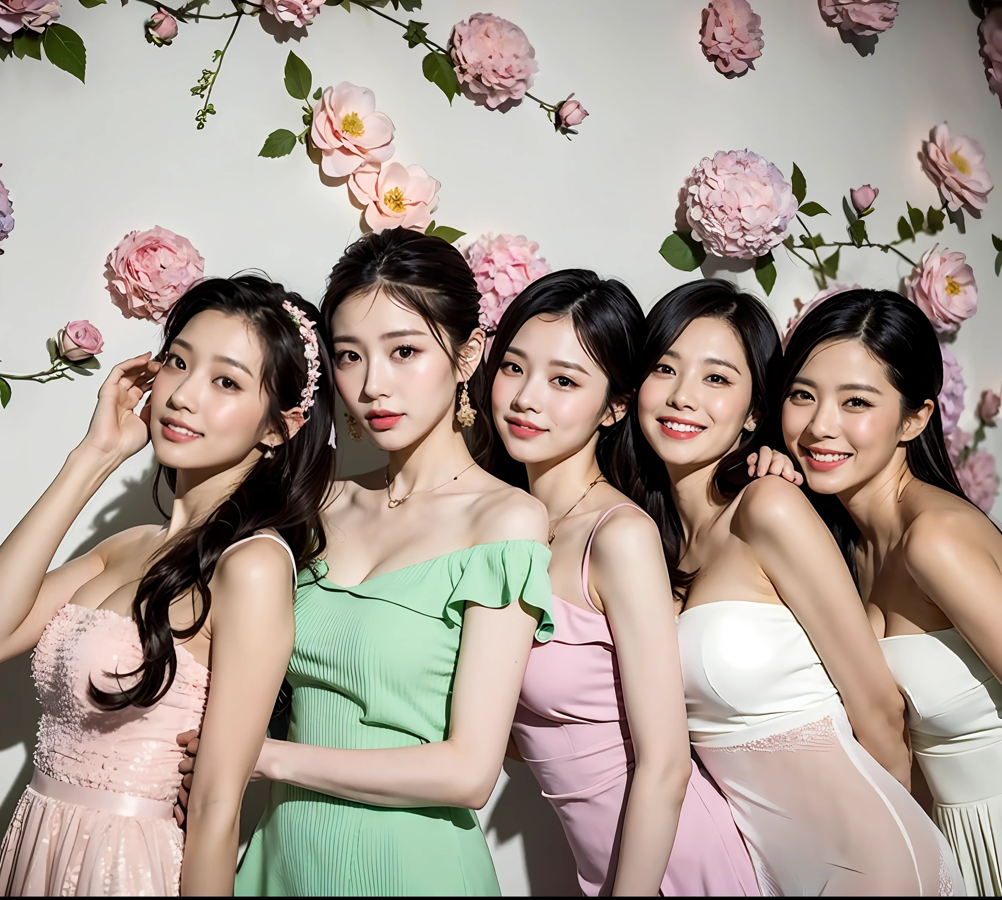 Flowers all over the wall, (best light: 1.2, cute Chinese girl: 1.2, [white dress: 1.3], full body, beautiful dance moves, wearing pink long-haired mink bandeau dress, multicolored flower wall, poster level, flowers on the wall are not crowded, elegant and colorful: 1.1, bright and moving: 1.1, [ultra-detailed: 1.2 + dynamic pose + delicate: 1.2],), big breasts, pursed lips, The sides are five-colored flowers, the wall is pink hydrangeas, roses, colorful chrysanthemums, and the background wall is a wall of flowers dominated by pink
