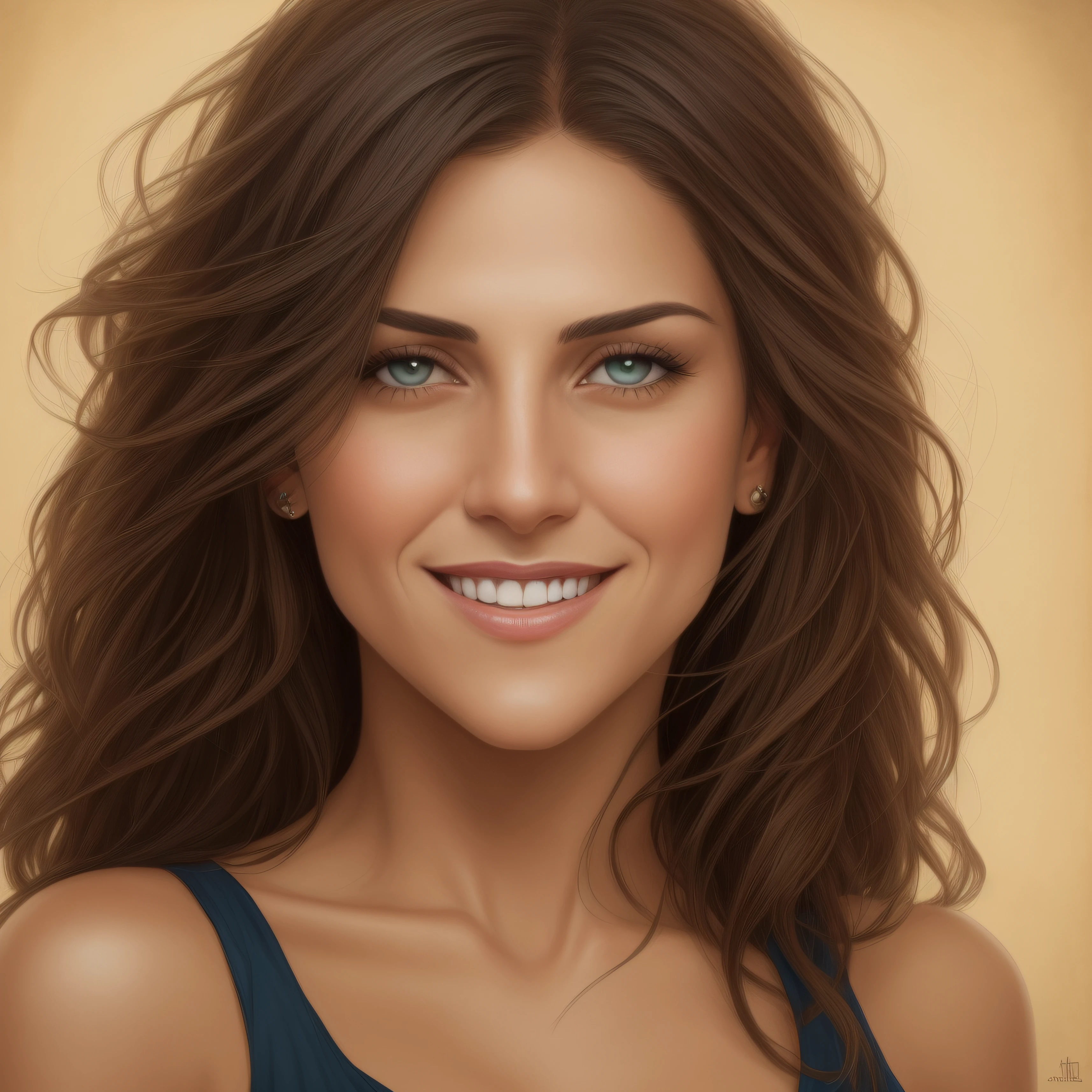 Jennifer Esposito, Retrato bonito de uma princesa linda, Princesa bonita, Rosto redondo, Round Button Nose, Pele de vidro brilhante, Bright Hazel Green Eyes, Cabelos lisos longos castanhos castanhos destacados, Adornado em intrincadas joias douradas, Meio sorriso confiante, Pintura facial, dramatic lighting, intrincado, selvagem, exotic beauty, altamente detalhado, pintura digital, Artstation, arte conceitual, liso, Crisp Focus, ilustration, Arte de Artgerm e Greg Rutkowski e Alphonse Mucha, Filmagem da SpaceCam --auto