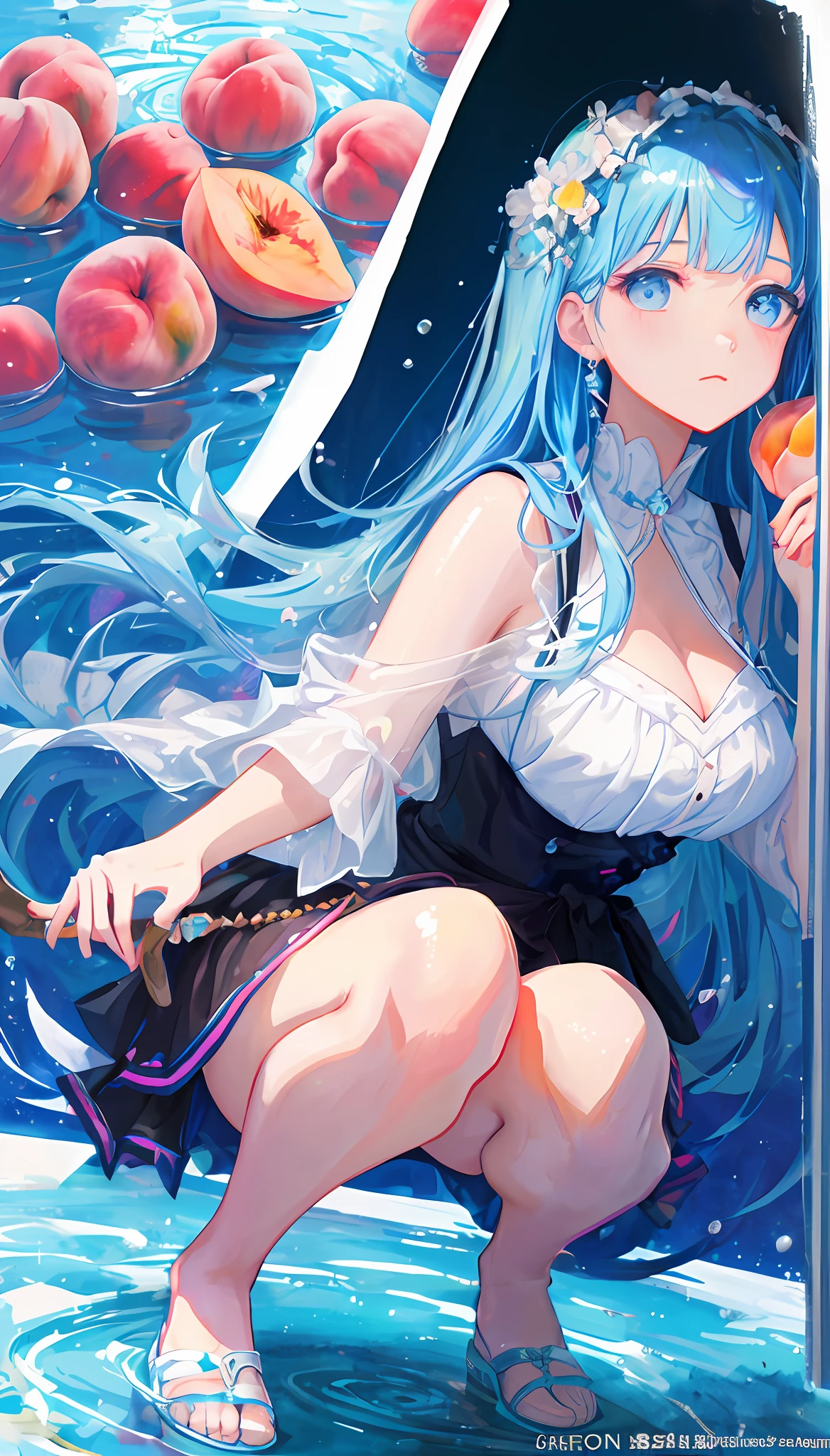 ((large peaches))、M-shaped legs、(White pants)、Holding a pink peach in his hand、(masterwork)、(maximum quality)、(Ultra-detail)、(disheveled hair)、(illutstration)、(1girls)、(Fashionable clothing)、Squatting、fashion model、looking the viewer、(interview)、miniskirts、Beautiful detailed eyes、Delicate beautiful face、Floating、(high saturation)、(colorful splashing)、colorful bubble、(shine)、Focus on face、Ayaka Kamisato、Light blue hair、Bangs、Hair Ring、Floating flowers、Floating Hair。The girls、anime waifu、looking at the viewers、Very detailed and、Reflective transparent iridescent color、long transparent iridescent RGB hair、Art Bee Scella Rule at Art Station、pixiv illustration、waist up portrait、maximum quality、Ultra-detail、sad、wise、Beautiful Faces、Beautiful background、Character stvle rendered by Octane、
