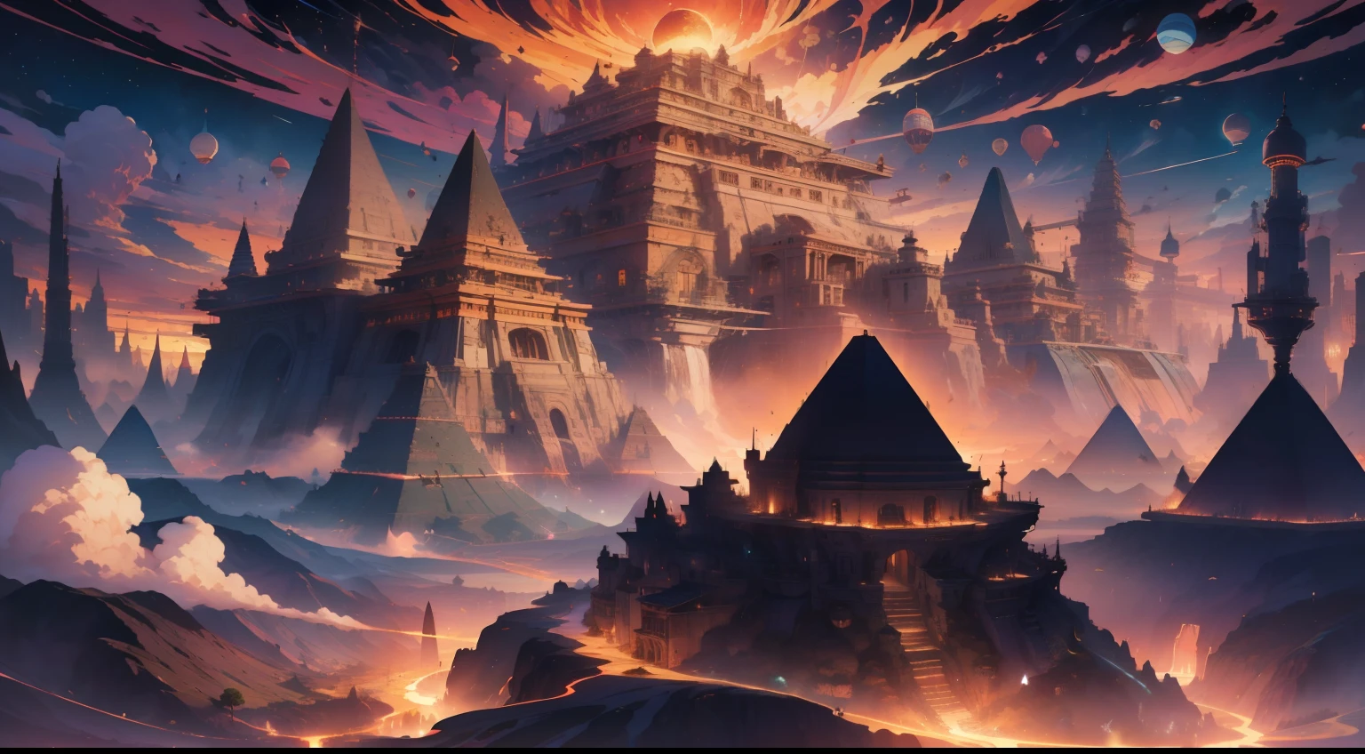 {{{masterpiece}}}, {{{high quality}}}, {{{8K wallpaper}}}, {{{Aerial view of a mega city reminiscent of ancient Egypt in a volcanic territory }} }, {{{ giant mechanical pyramid}}}, {{{golden energy ball on pyramid}}, {{{star reactor}}},{{{ancient Egypt}}}, {{{pyramids}}} , {{{many pyramids }}}, {{{volcanoes}}}, {{{volcanoes in the background}}}, {{{fire}}}, {{{fire everywhere}}},{ {{lots of fire} }}, {{{pillars}}}, {{{rivers of lava}}}, {{{lava}}}, {{{captivating descent}}}, {{{camera view from above}}}, {{{stunning scenery}}}, {{{vivid scenery}}}, {{{spellbinding views}}}, {{{captivating beauty}}}, {{{enchanting scenery}}}, {{{amazing colors}}}, {{{transcendent experience} }}, {{{unreal journey}}}, {{{surreal surroundings}}}, {{{captivating landscapes}}}, {{{amazing views }}}, {{{stunning visuals}}}, {{{dreamy perspective}}}, {{{captivating charm}}}, {{{spectacular free fall}}}, fantastic art style, superior quality, ultra-detailed, landscape, {{{scorched earth}}}, {{{reddish sky}}}, stunning, (best quality), (high resolution), (sharp focus), (ultra-detailed), (extremely detailed), ( very high quality art), 8k_wallpaper, (extremely detailed 8k CG), (very fine 8K CG), (( hyper ultra detailed hyper perfect piece)), flawless, (((masterpiece))), illustration, (dynamic lighting ), Dynamic Light, Sun, Sun Rays, God Rays, Cinematic Light, (Cinematic Shadow), (Textile Shading), (Cinematic Shadow), Vivid Colors, StackedCityAI,