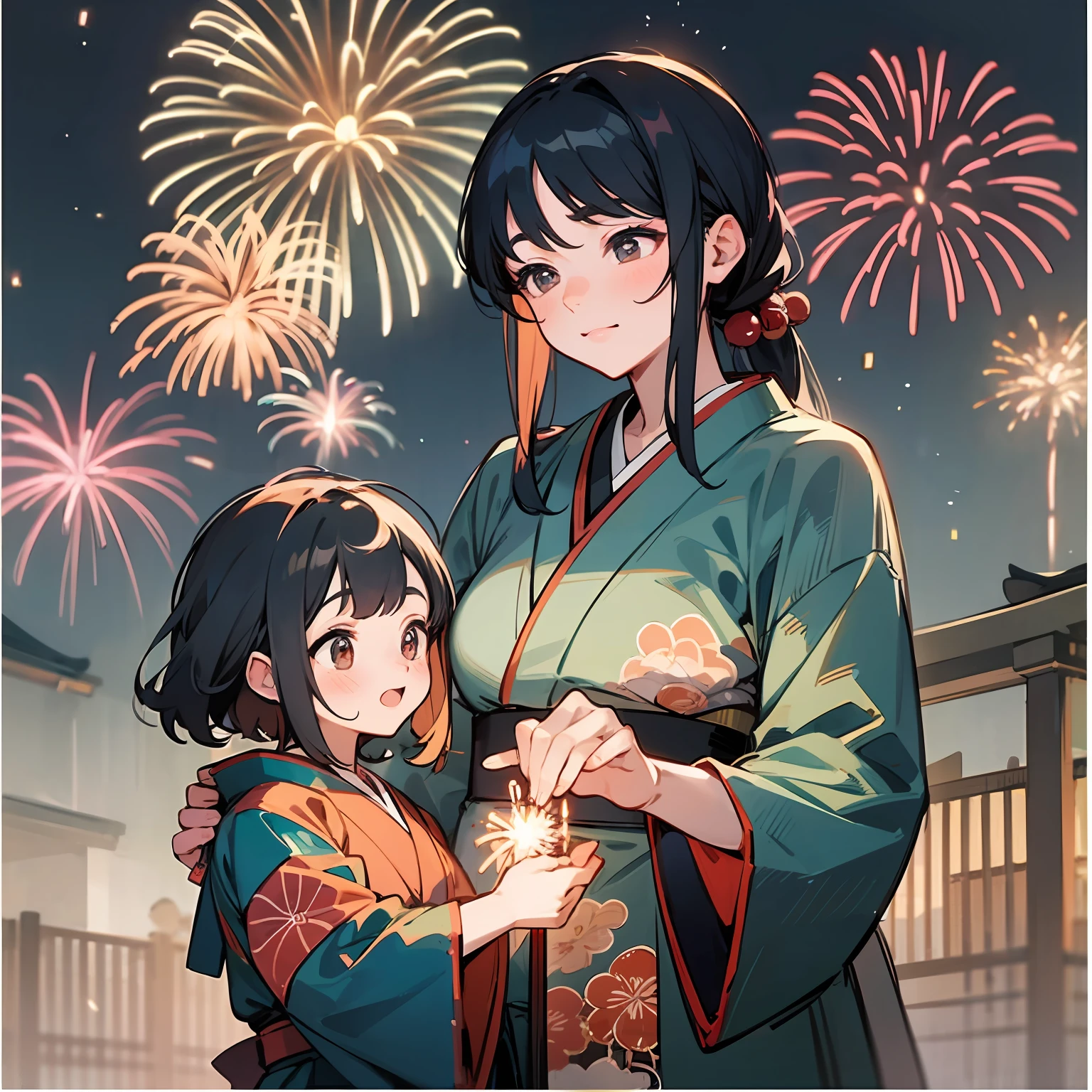 A mother holding her child at a fireworks display to make it easier to see the fireworks, traditional japanese concept art, [ Fireworks in the sky ]!!