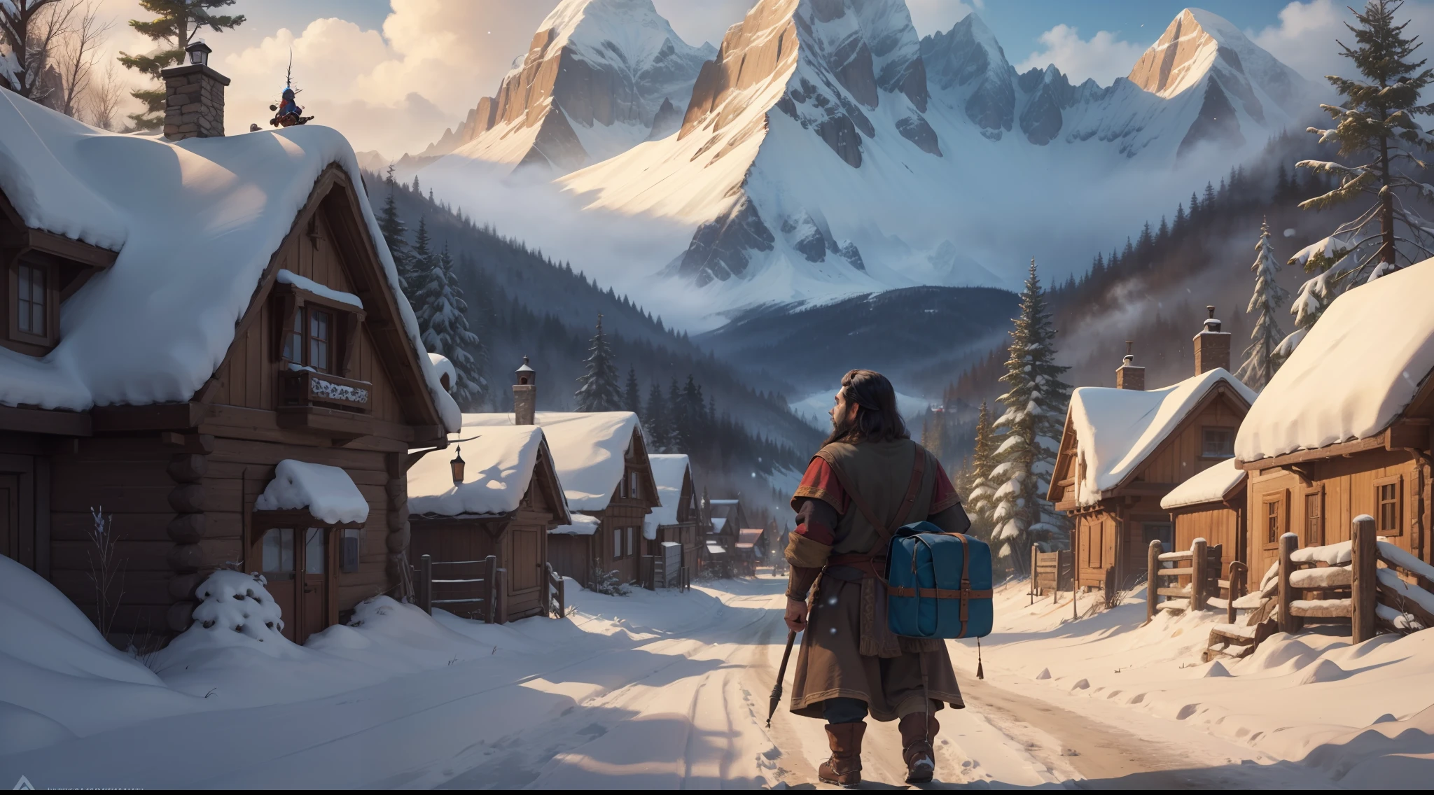 A cute dwarf with a dark beard in the middle of a village with his back to him looking at mountains with snow on the horizon