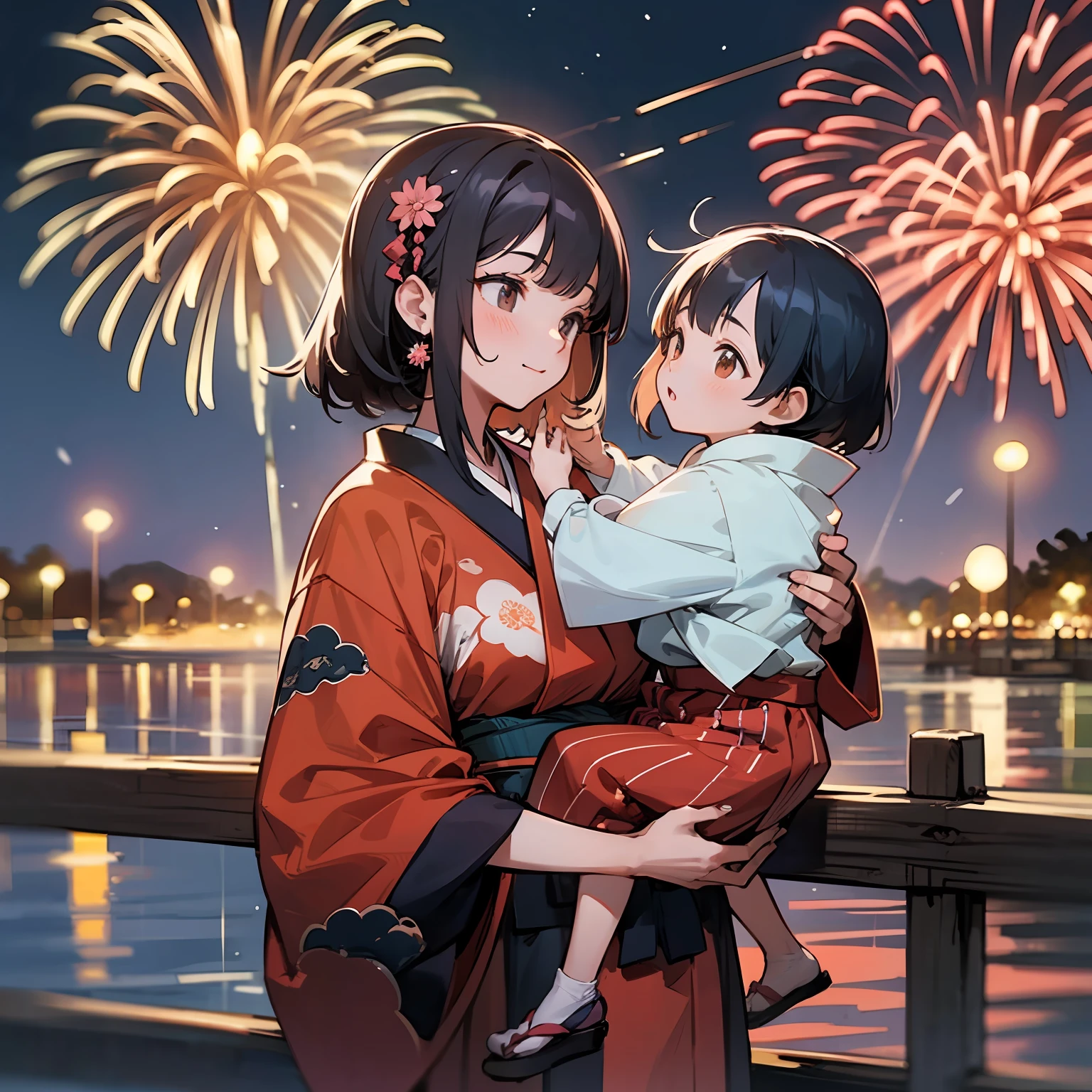 A mother holding her  at a fireworks display to make it easier to see the fireworks, traditional japanese concept art, [ Fireworks in the sky ]!!