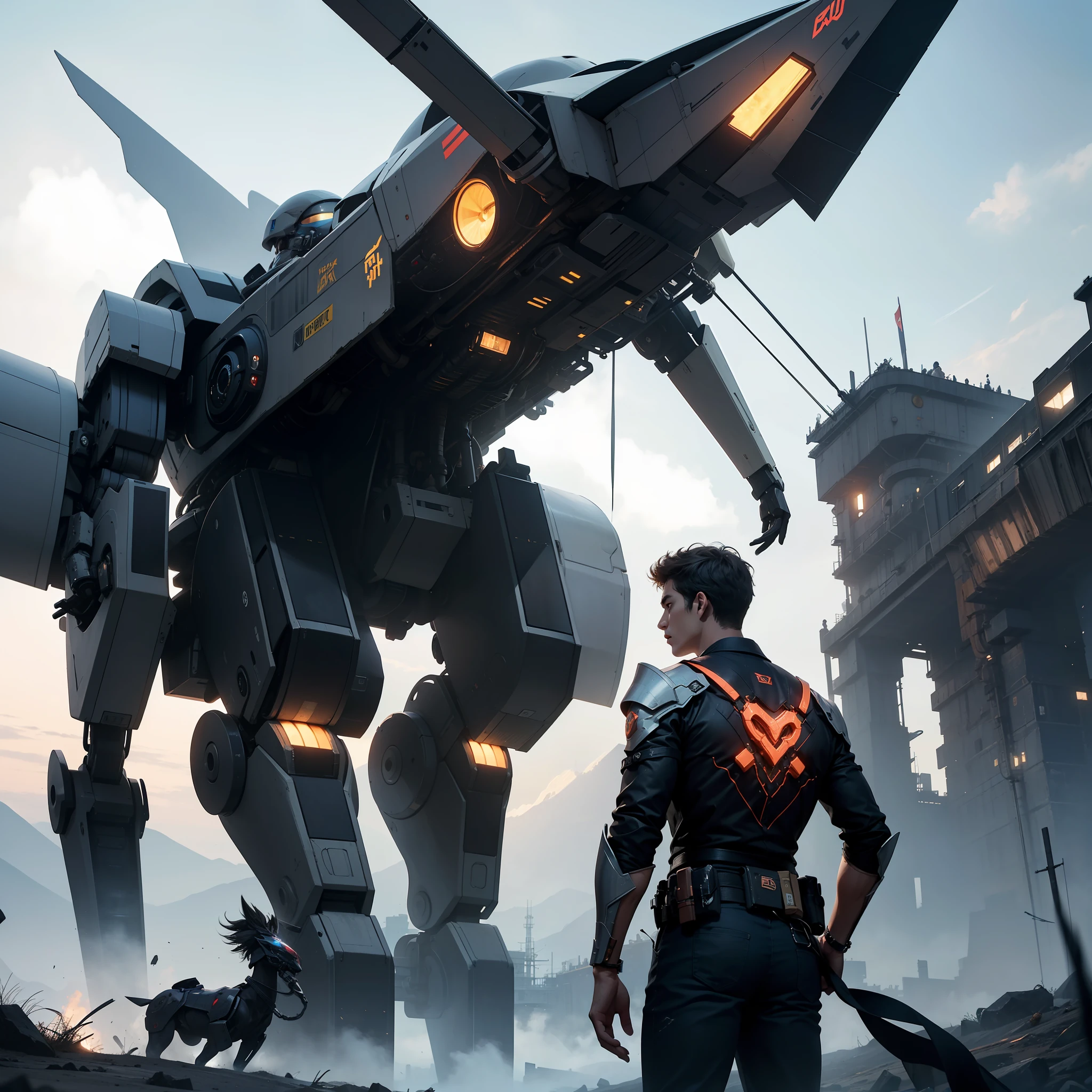 "(((Best quality))),(((hyper detailed))),(((Masterpiece))),illustration,"in a futuristic world, a renowned celebrity stands before a massive, awe-inspiring mecha. The star, with unwavering determination, embarks on a daring mission to protect their beloved city. The mech's smooth metal armor glistened in the city lights,Celebrities meet the challenges of the future with a confident gaze. The bond between human and machine radiates with a harmonious synergy, showcasing their shared strength and resilience. Together, they become the ultimate symbol of hope and bravery, Capture the hearts of bystanders,Embark on an epic journey to defend what you hold dear."