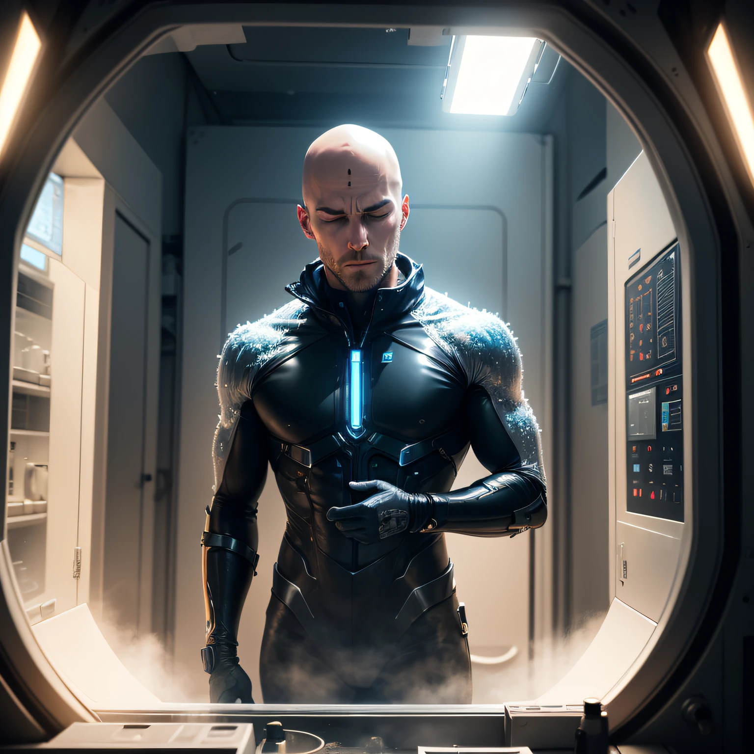 Transport yourself to a futuristic laboratory in the year 2122, where a cryogenic chamber holds the preserved body of a man frozen for a century. As the technology finally allows for his revival, the image should capture the pivotal moment of his awakening. Show the man inside the transparent chamber, his eyes closed in deep slumber. Surround the scene with advanced machinery, glowing lights, and a sense of anticipation for his reentry into a world unimaginably changed. The man is bald and has his eyes closed. He is standing up. --auto