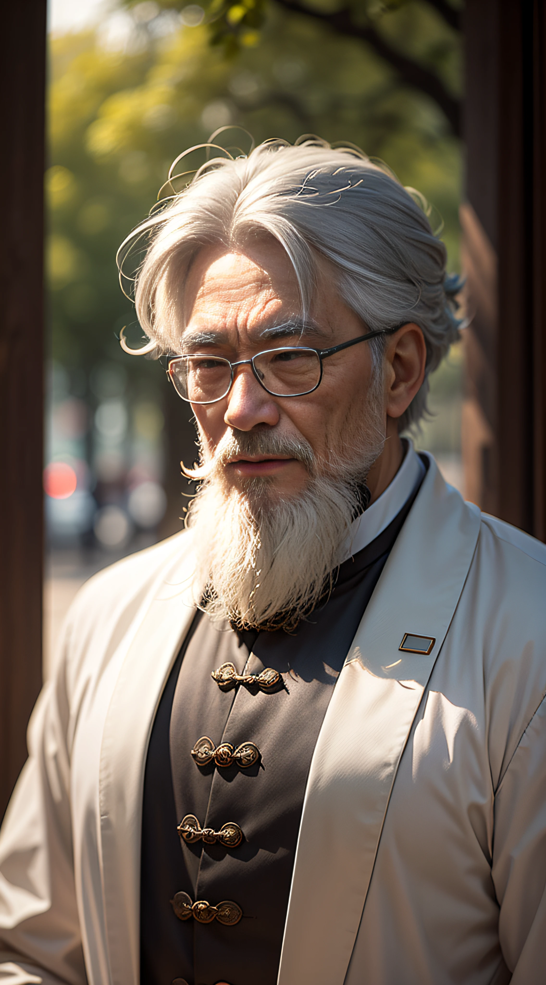 An ancient Chinese gentleman full of wisdom,Gray hair,Have a beard,Thin and tall figure,Kind eyes,Dressed in cloth,Upper Bust,Front lens,The background is a blurred wood,The light is dark,In the early evening --auto