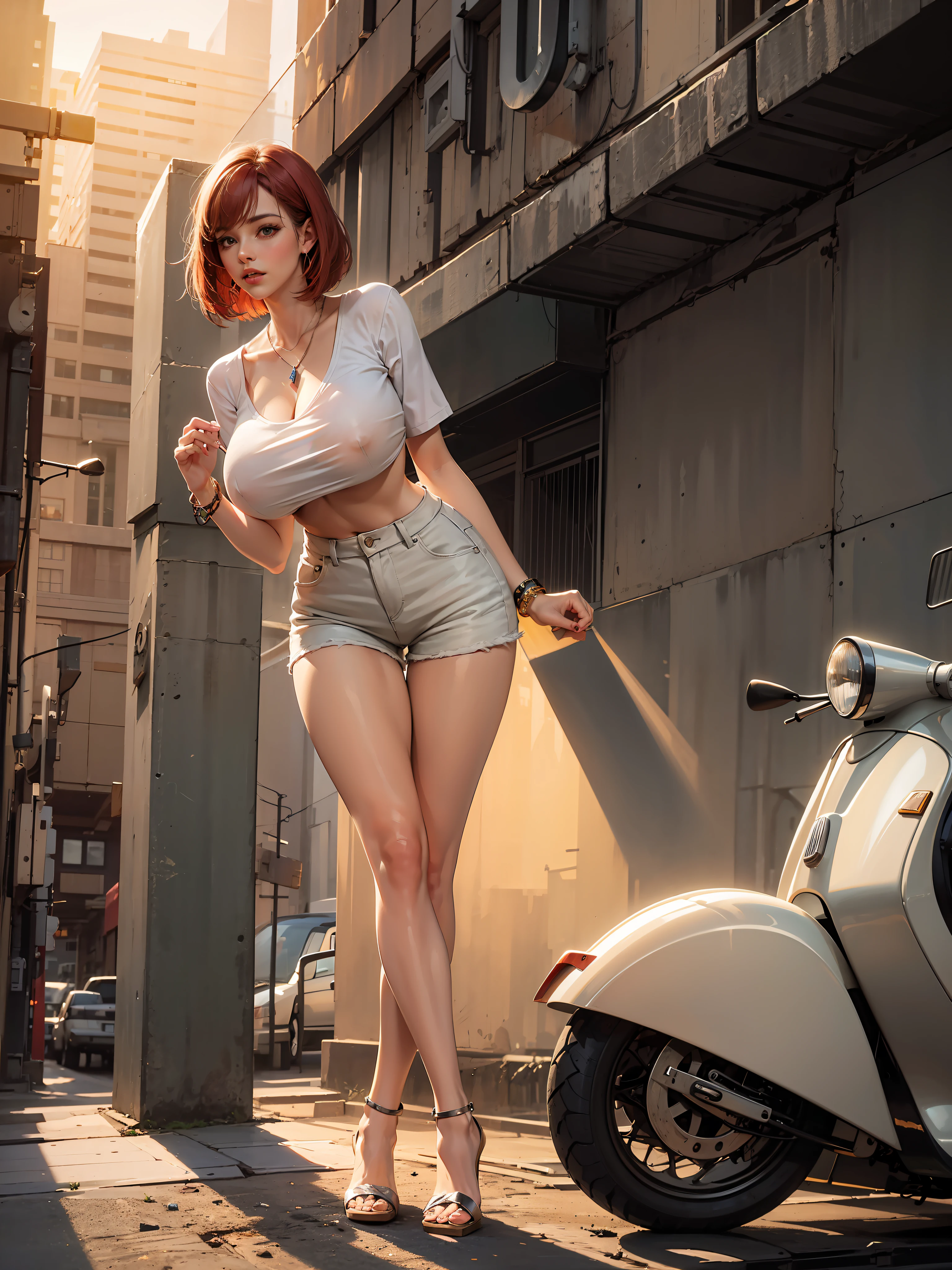 Best quality, full body portrait, delicate face, red short hair, bob haircut, forehead, 18 year old girl, slim figure, huge bust, oversized crop top T-shirt, ((under boobs:1.4)), leaning forward, crotch gap, cameltoe, low waist shorts, seen string of bikini bottoms, sunset bridge, vintage vespa behind, scene, standing tall, long leg , necklace, rings, earrings, bracelet, watch, open legs,