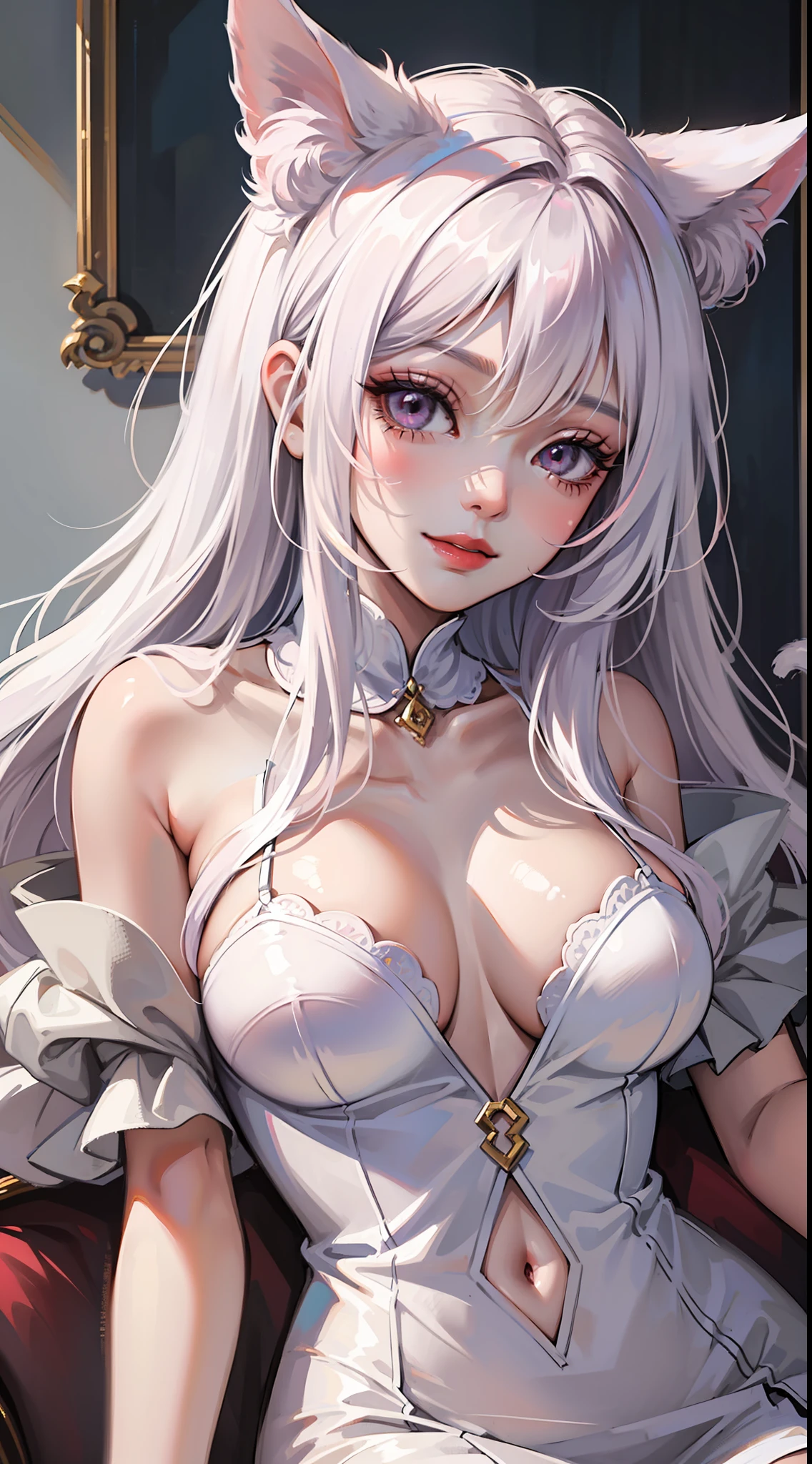 Adult female, Long white hair, pink eyes, cat ears, white gown, big chest, Lush breasts, Languid look, Smile Masterpiece, HighQuality
