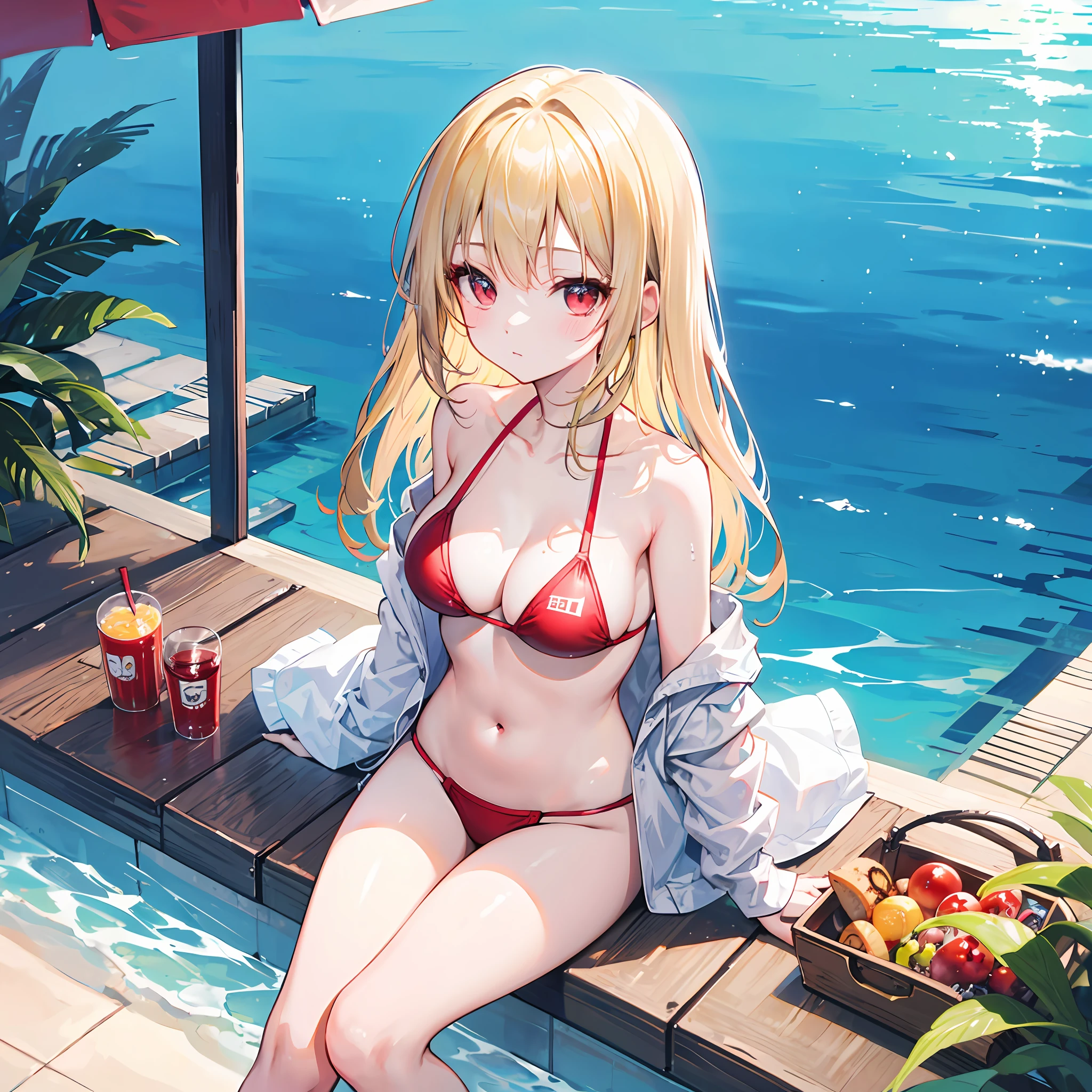 One blonde girl、red-eyed、swimming suit、bikinis、pools