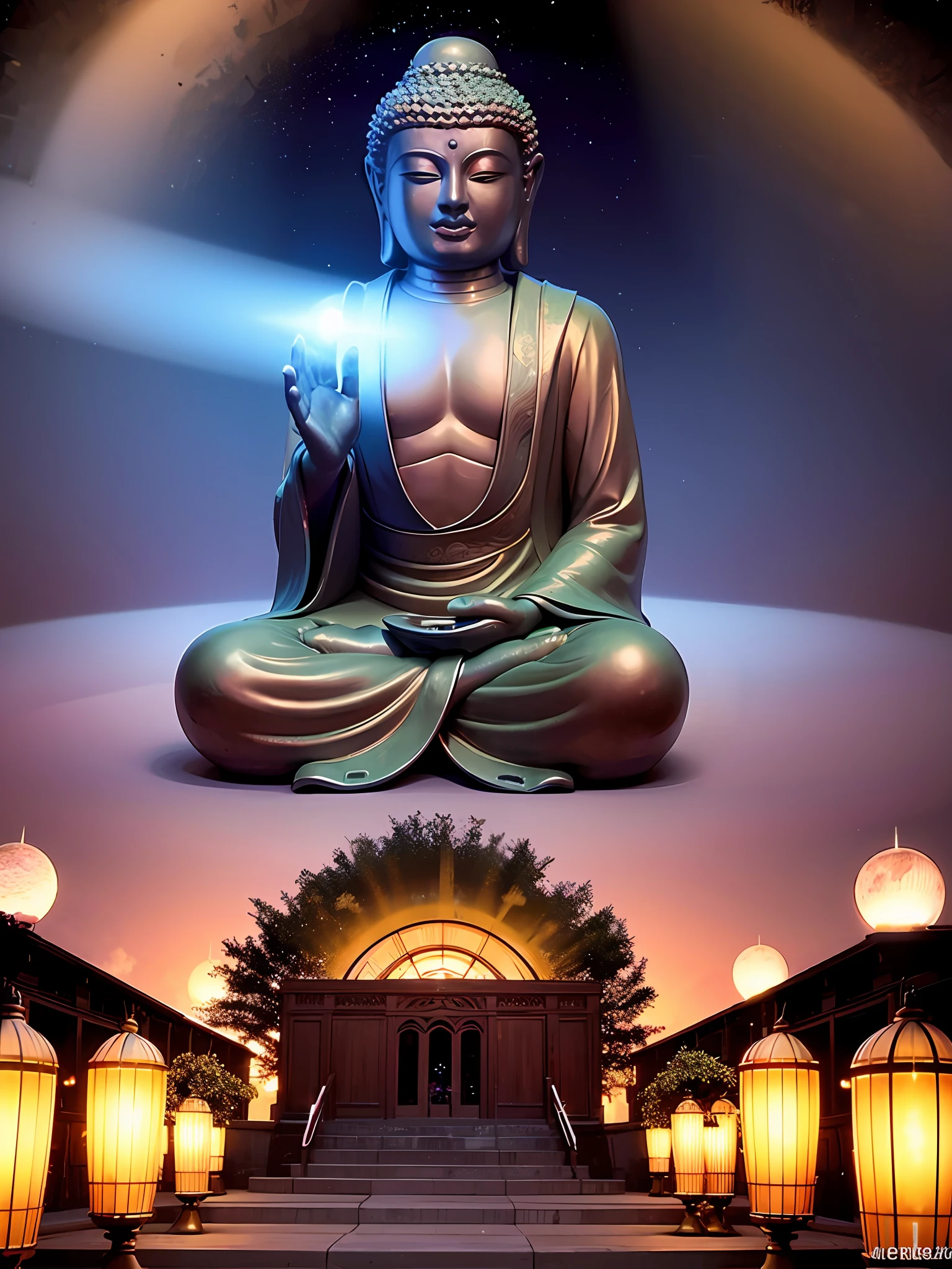 Maitreya, Maitreya Buddha, Maitreya, a large golden Buddha statue sitting in a room with a blue ceiling and a background of blue sky, clouds, above_clouds, airship, aurora, bridge, building, castle, chimney, city, city_lights, cityscape , clock, clock tower, clouds, cloudy sky, constellations, crescent, desert, earth_\(planet\), fireworks, floating islands, fountains, galaxies, glowing, houses, islands, lampposts, lanterns, light particles , galaxy, moon, mountain, night, night sky, no_humans, planet, landscape, meteor, sky, skyline, skyscraper, snow, snowing, space, star_\(sky\), star_\(symbol\), starry_sky, starry_sky_print, telescope, tower, town, twilight, ship