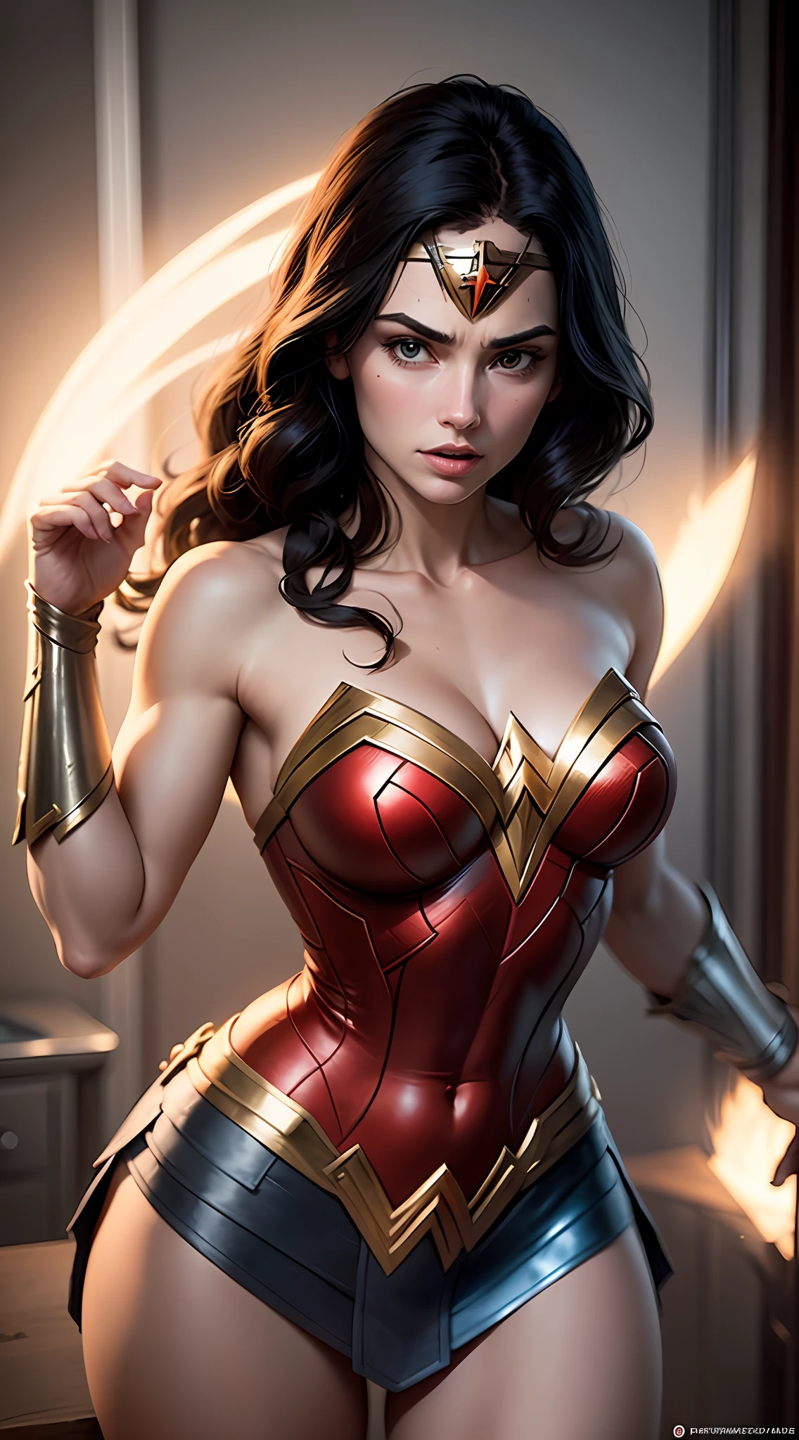 Eis Diana, also known as Wonder Woman. Her powers include super strength, Invulnerabilidade, accelerated healing, sentidos aprimorados, Agilidade sobre-humana, energy projection and manipulation, creation and manipulation of electricity, voo, super-velocidade, e longevidade. Ela se encontra em uma batalha feroz contra Darkseid em seu planeta natal. A imagem se concentra apenas nela, desencadeando um ataque devastador. The photo is taken from a high-speed camera, capturing the scene from an overhead angle.
O poder emanado de seu ataque cria efeitos luminosos, com parafusos de energia e raios em cascata ao seu redor. Ainda, ela permanece ilesa, standing tall and resolute. The lighting perfectly accentuates her form, casting an ethereal glow upon her, semelhante ao de um anjo. The photo is framed in a portrait format, captured through a telephoto lens, permitindo que cada momento seja ampliado em detalhes impressionantes.
Cores vibrantes infundem a cena, emphasizing the dynamic nature of Wonder Woman's presence. Inspirado na atriz Gal Gadot, she has undergone a remarkable transformation, ganho de massa muscular significativa, showcasing her immense physical prowess.
This artwork encapsulates the awe-inspiring power and unwavering determination of Wonder Woman as she confronts formidable adversaries. It celebrates her strength, resilience, and commitment to justice, embodying the epitome of a superhero. --auto
