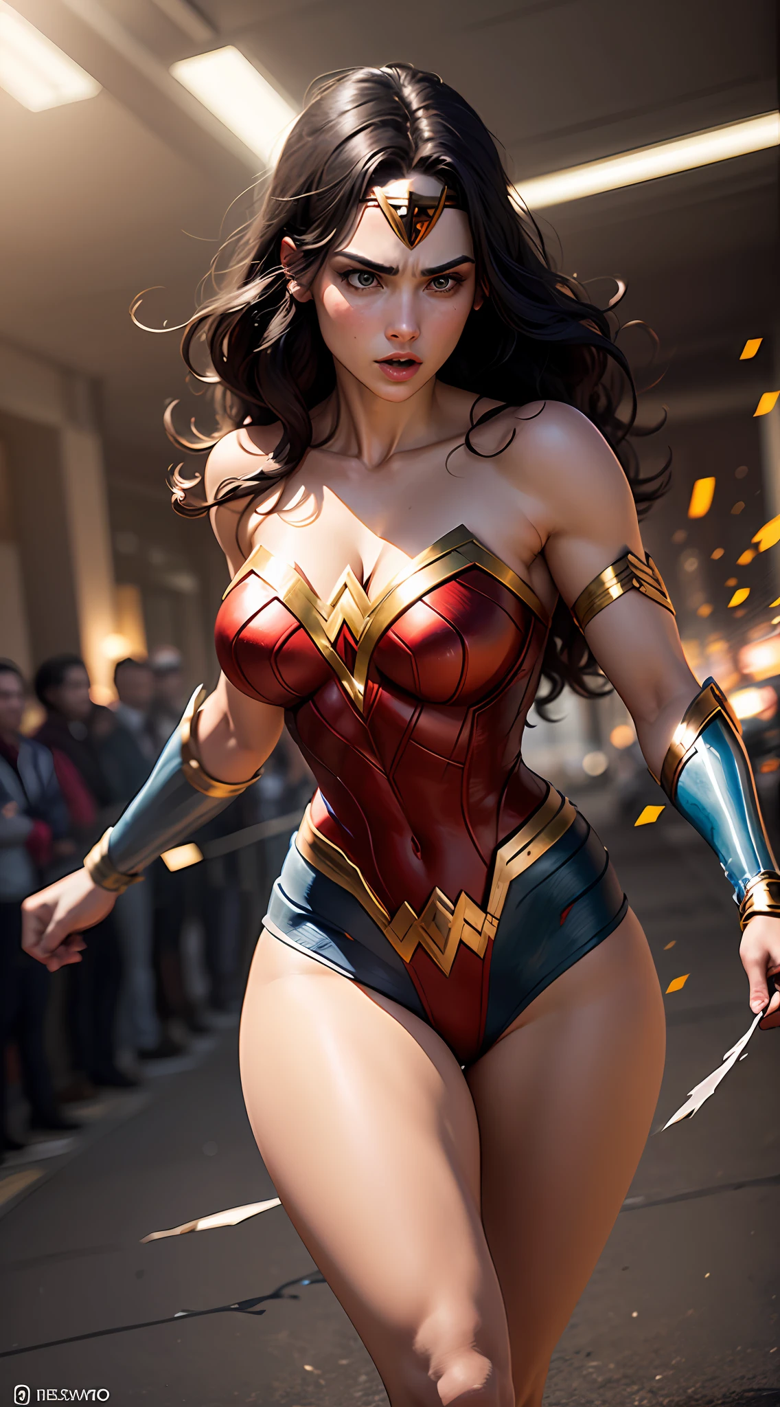 Eis Diana, also known as Wonder Woman. Her powers include super strength, Invulnerabilidade, accelerated healing, sentidos aprimorados, Agilidade sobre-humana, energy projection and manipulation, creation and manipulation of electricity, voo, super-velocidade, e longevidade. Ela se encontra em uma batalha feroz contra Darkseid em seu planeta natal. A imagem se concentra apenas nela, desencadeando um ataque devastador. The photo is taken from a high-speed camera, capturing the scene from an overhead angle.
O poder emanado de seu ataque cria efeitos luminosos, com parafusos de energia e raios em cascata ao seu redor. Ainda, ela permanece ilesa, standing tall and resolute. The lighting perfectly accentuates her form, casting an ethereal glow upon her, semelhante ao de um anjo. The photo is framed in a portrait format, captured through a telephoto lens, permitindo que cada momento seja ampliado em detalhes impressionantes.
Cores vibrantes infundem a cena, emphasizing the dynamic nature of Wonder Woman's presence. Inspirado na atriz Gal Gadot, she has undergone a remarkable transformation, ganho de massa muscular significativa, showcasing her immense physical prowess.
This artwork encapsulates the awe-inspiring power and unwavering determination of Wonder Woman as she confronts formidable adversaries. It celebrates her strength, resilience, and commitment to justice, embodying the epitome of a superhero. --auto