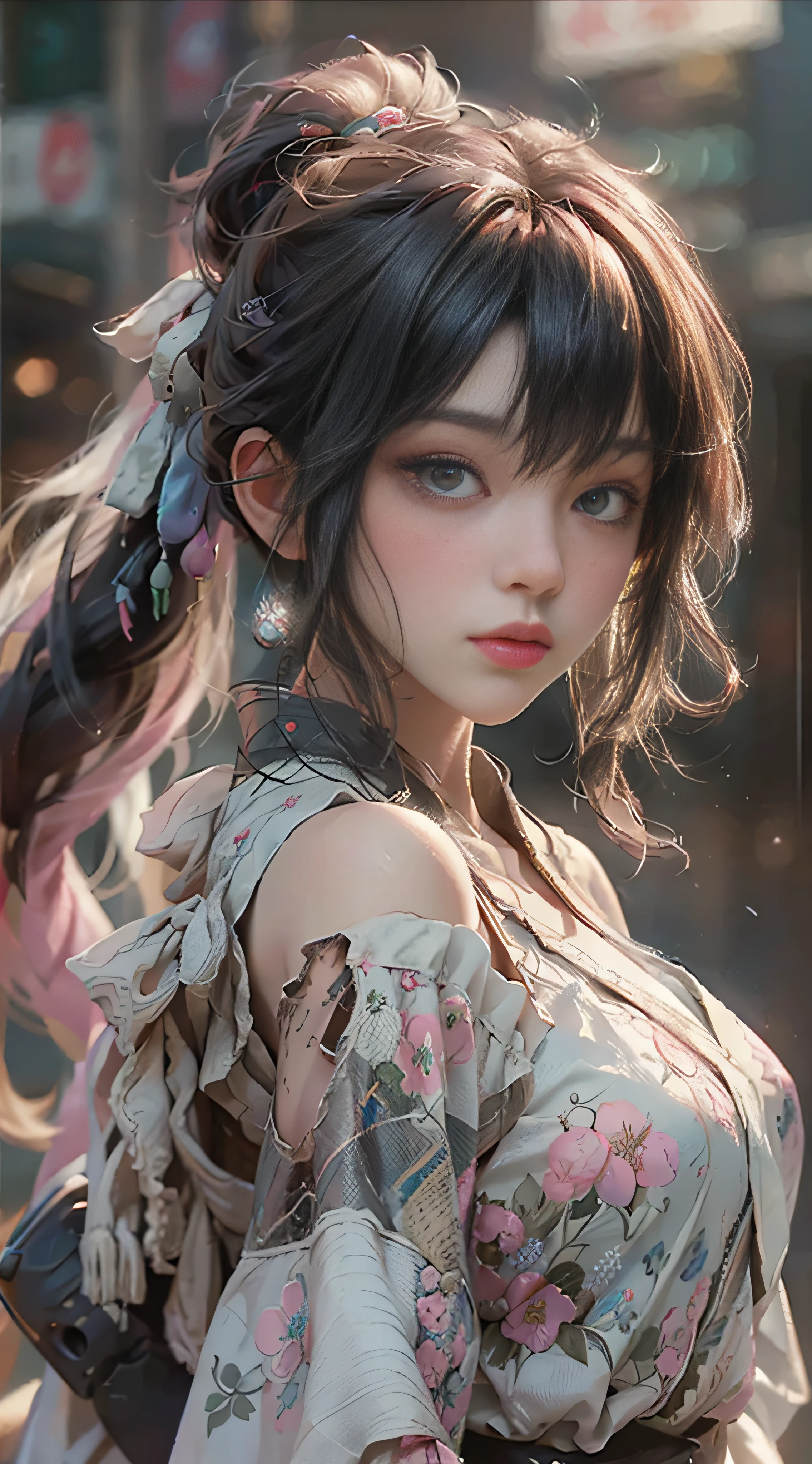((Best Quality)), ((Masterpiece)), (Detail: 1.4), 3D, Beautiful Cyberpunk Female Image, HDR (High Dynamic Range), Ray Tracing, NVIDIA RTX, Super Resolution, Unreal 5, Subsurface Scattering, PBR Texture, Post-Processing, Anisotropic Filtering, Depth of Field, Maximum Sharpness and Sharpness, Multi-layer Texture, Albedo and Highlight Mapping, Surface Coloring, Mitsu-Accurate Simulation of Material Interactions, Perfect Proportions, Octane Rendering, Two-color Light, Large Aperture, Low ISO, white balance, regular three-point, 8K RAW, beautiful bright pupils, off-the-shoulder clothes, fine pupils, delicate face and eyes, long eyelashes, blush, delicate and fluffy hair, pink lips, pure, cute, sweet girl, artistic sense, casual wear, high-end sense