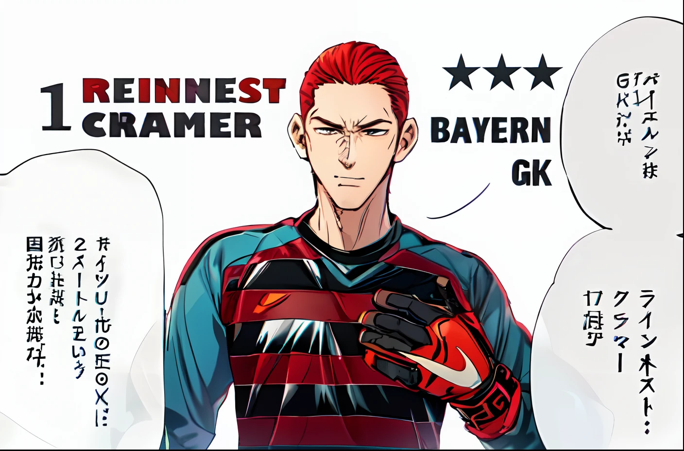 1boy, white and red hair color, long-sleeved uniform, goalkeeper gloves, text bubble speech, GK, male focus, solo, sportswear, star (symbol), upper body, copyright name, color manga, manga color, color manga, color manga panel, simple background, a white background