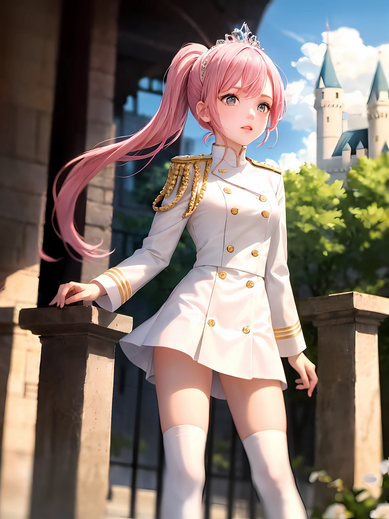 1girls, Single person， (Masterpiece:1.1), (Best quality:1.1),  break [blue:Pink:0.5] theme, Cowboy shot,Cinematic light， Upper Bust，Positive perspective，Pink long single ponytail，exquisite facial features，Amber eyes, white hairband，Gold tiara，White top，Military uniform tops，Pink epaulettes，Pink miniskirt，White mid-tube boots，Pink over-the-knee socks，standup，beckon，Castle background