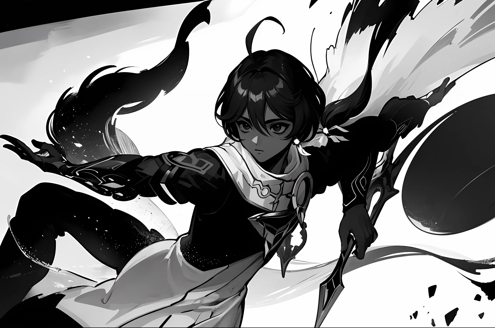 aether, 1boy, somente, Foco masculino, cabelos loiros, olhos amarelos, cabelo entre os olhos, cabelos longos, pigtail, Ahoge, diafragma, umbigo, postura de luta, segurando espada, carranca, (manga style, preto e branco, tinta:1.3)