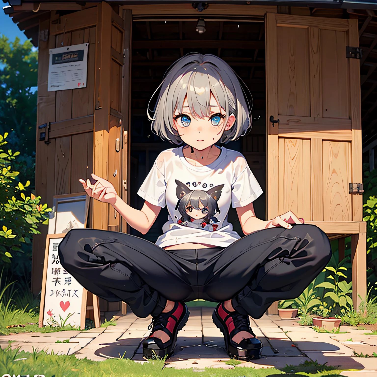 Glossy underwear、short, messy gray hair、big eye、small head、Cute One Girl、squat and open your legs、In the hut、Pants are wet --auto