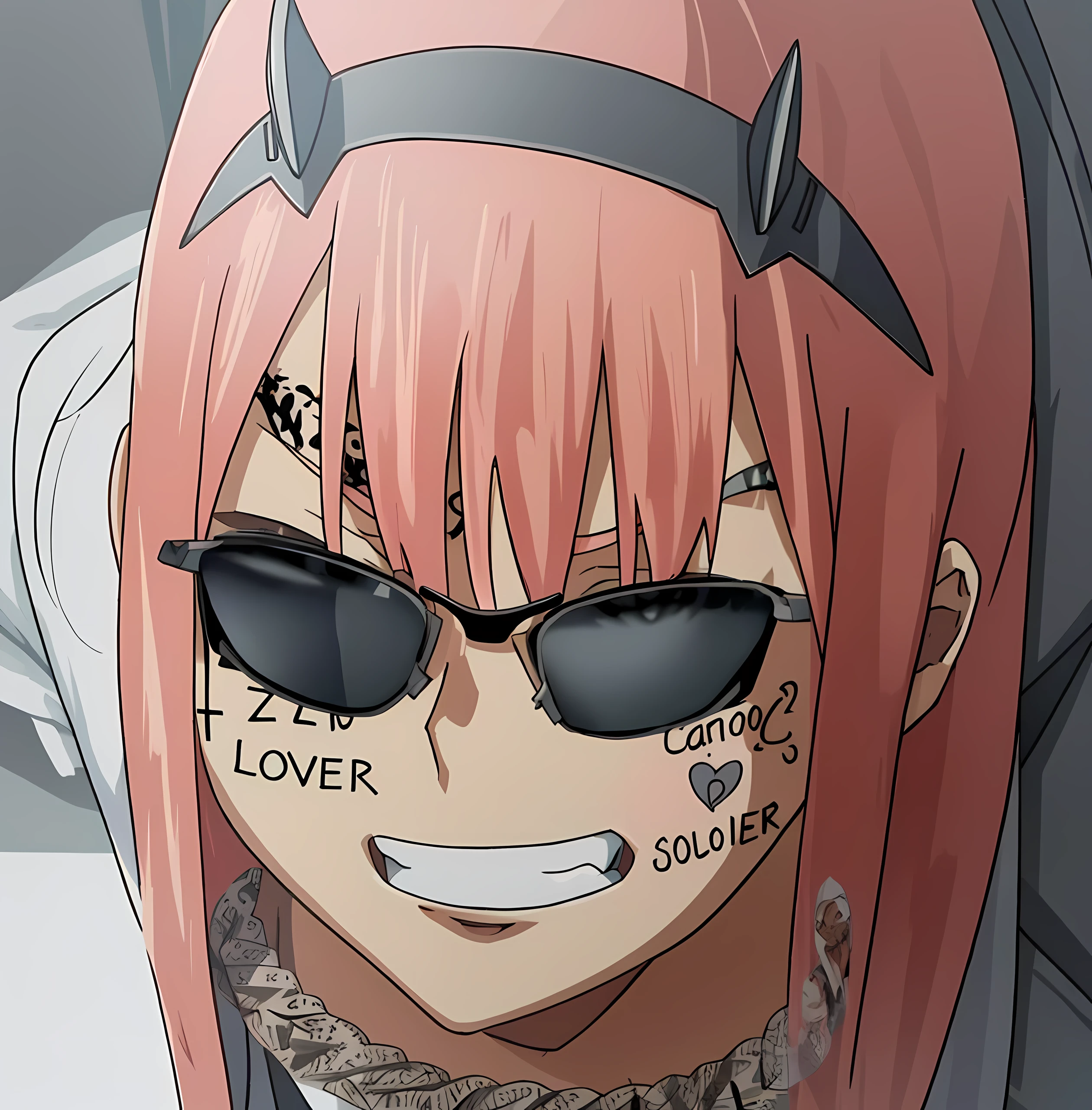 personagem de anime mulher, com cabelo rosa claro, with tattoos and reflective Oakley glasses, Estilo anime 2D, Anime aesthetics, Zero dois de queridinho no franxx, pele branca clara, detalhar as tatuagens, com colar de prata.