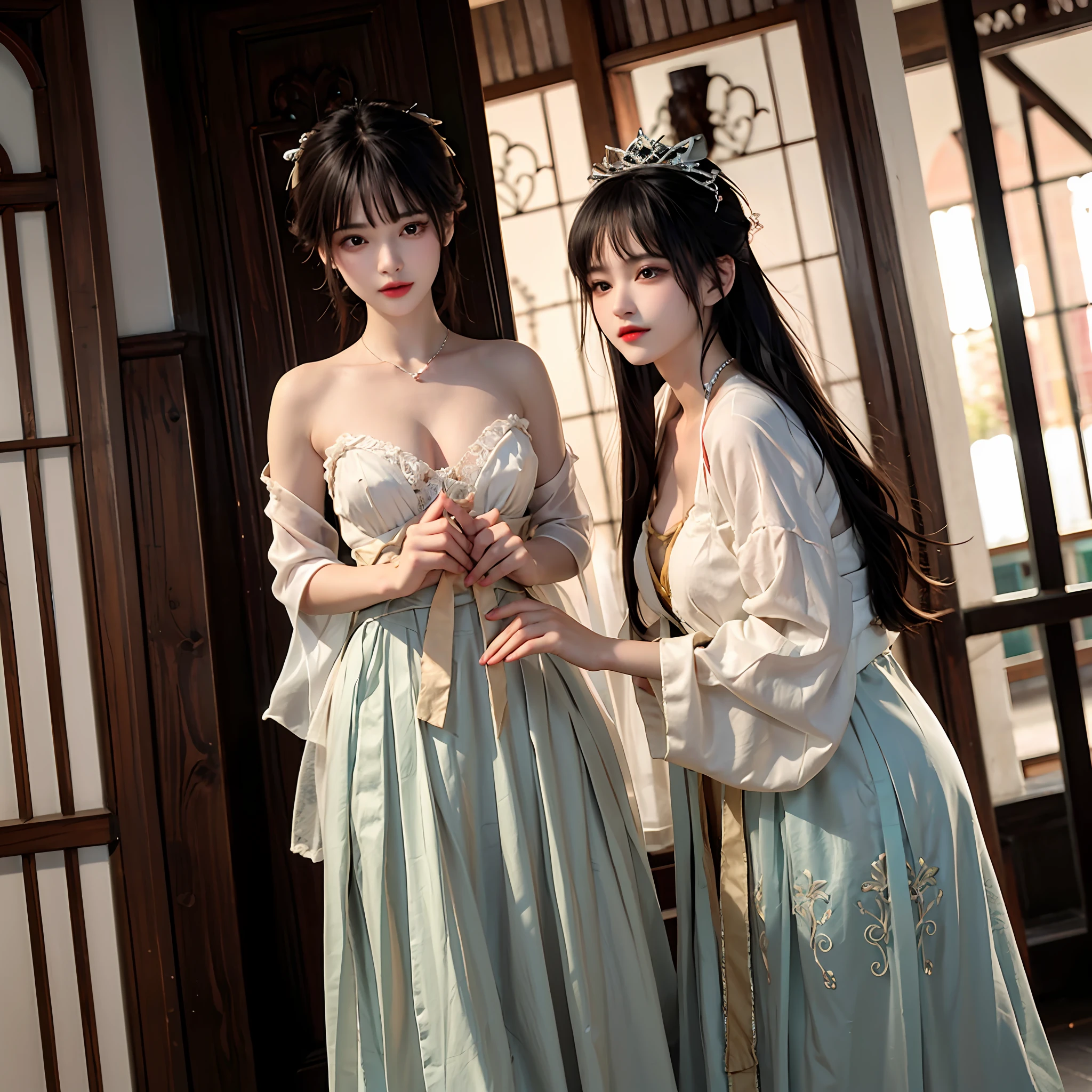 A large red yarn as thin as a cicada's wing，Ice skin，Beautiful as a fairy，Dark and shiny hair，Drooped down，The neckline reveals the goose-yellow bandeau and the skin of the frost Saixue inside，Make the pair of round and towering jade peaks below more upright。cleavage，深V，Open the corset