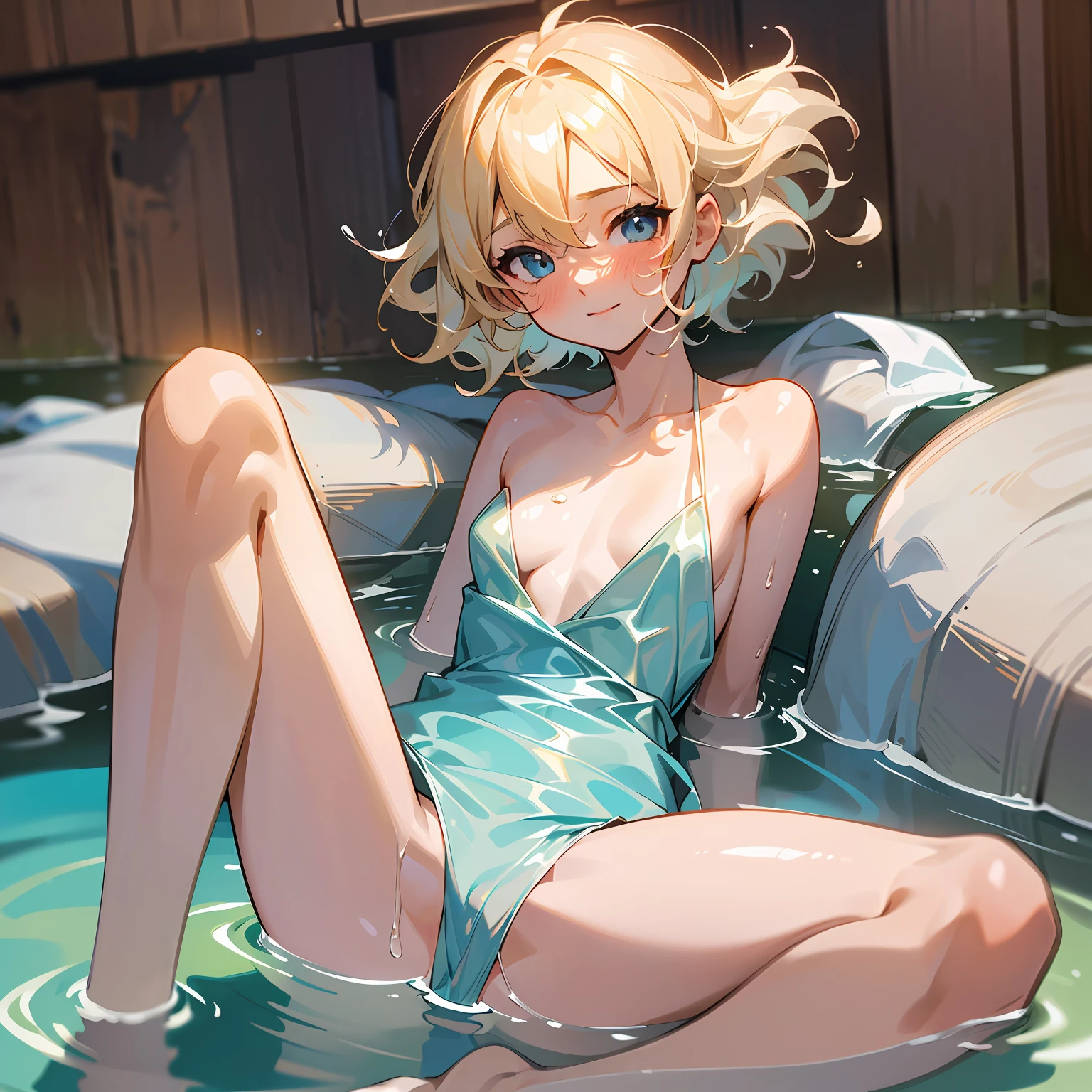 swimming suit、tanny skin、 Platinum Blonde Hair、shorter hair、One Girl、squat and open your legs、Perspective from below、small head、big eye、Blue eyes、 --auto