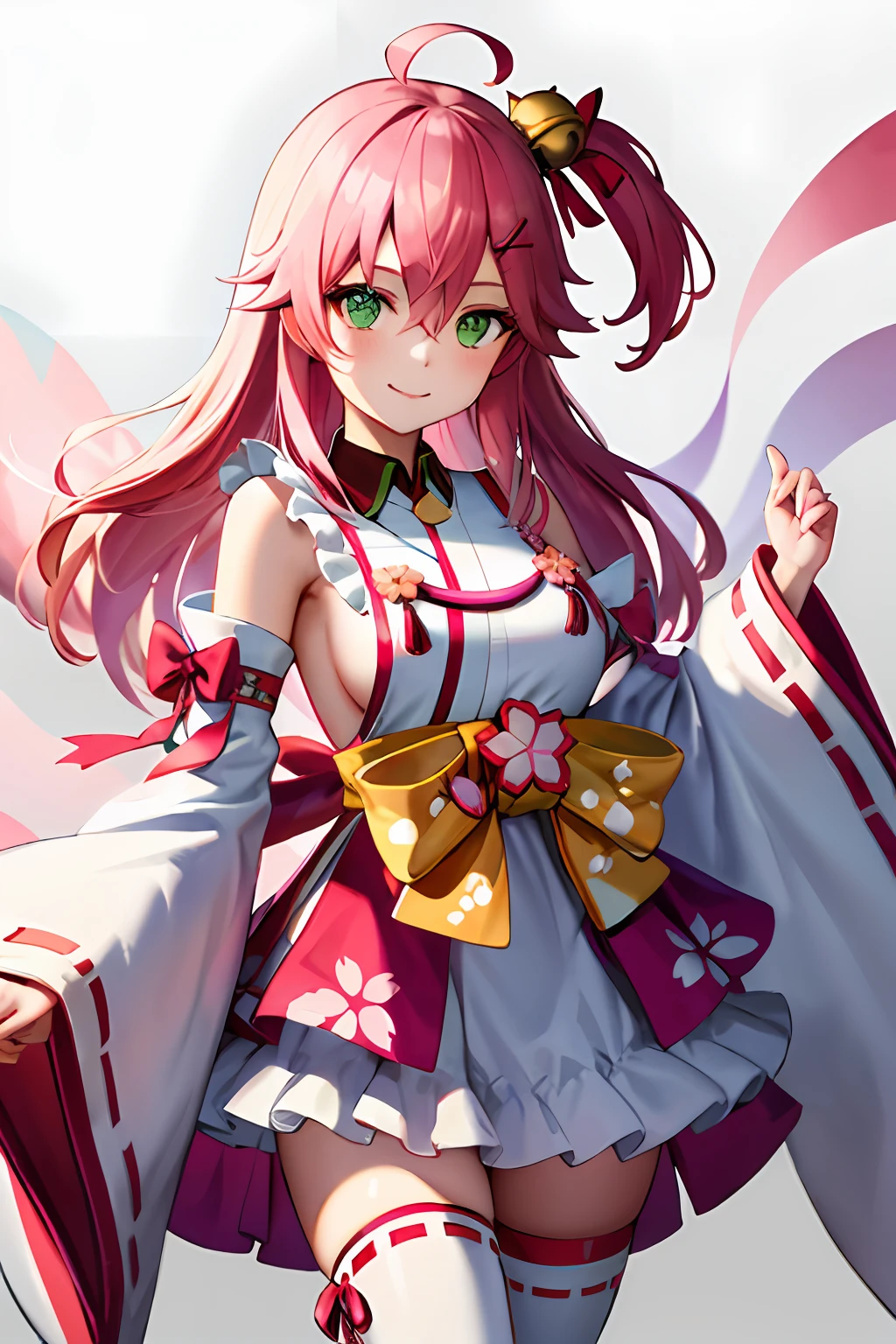 masterpiece, best quality, highres, miko1, sakura miko, 1girl, green eyes, solo, ahoge, x hair ornament, pink hair, single thighhigh, floral print, hairclip, sideboob, hair bell, floral print, long hair, hair between eyes, one side up, white thighhighs, asymmetrical legwear, wide sleeves, cowboy shot, smile, white background,