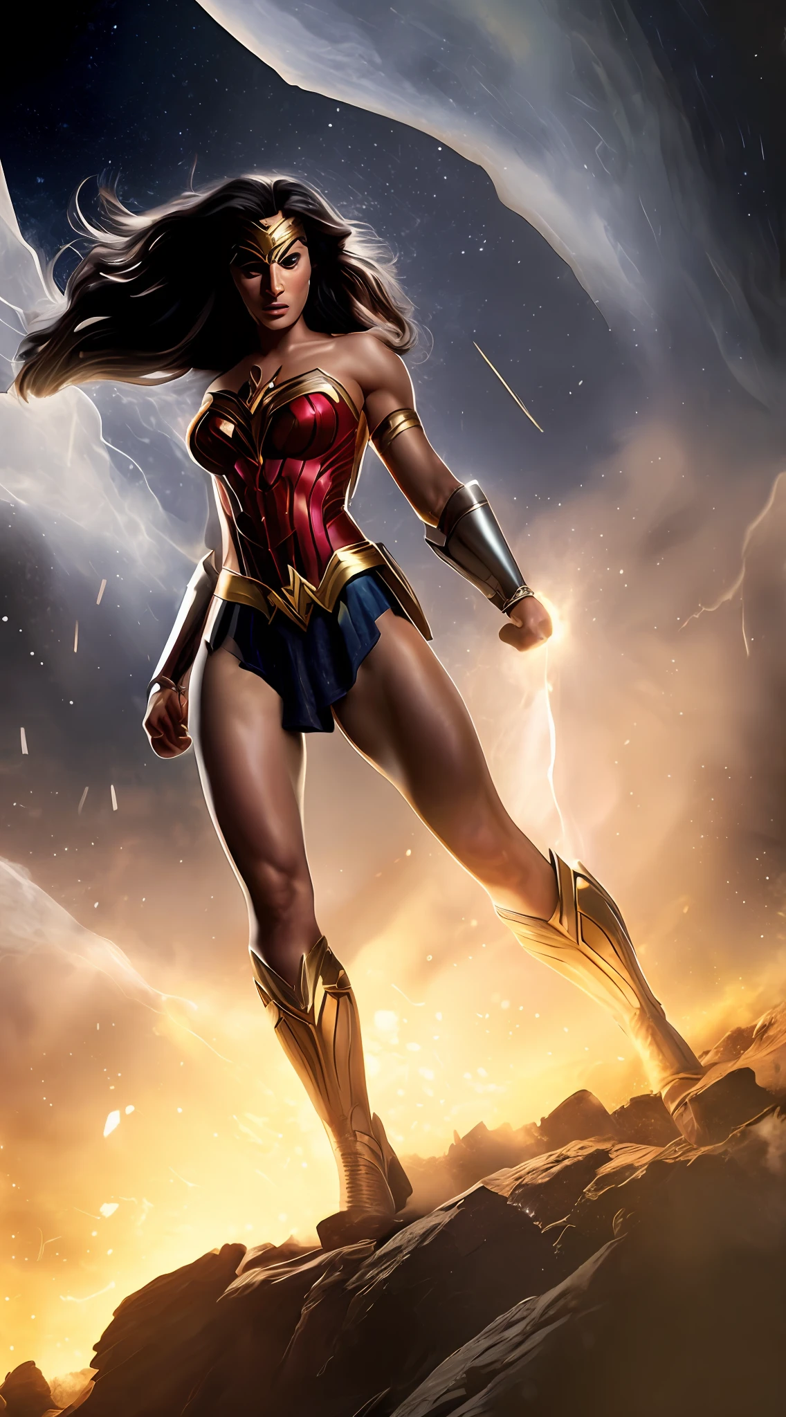 Eis Diana, also known as Wonder Woman. Her powers include super strength, Invulnerabilidade, accelerated healing, sentidos aprimorados, Agilidade sobre-humana, energy projection and manipulation, creation and manipulation of electricity, voo, super-velocidade, e longevidade. Ela se encontra em uma batalha feroz contra Darkseid em seu planeta natal. A imagem se concentra apenas nela, desencadeando um ataque devastador. The photo is taken from a high-speed camera, capturing the scene from an overhead angle.

O poder emanado de seu ataque cria efeitos luminosos, com parafusos de energia e raios em cascata ao seu redor. Ainda, ela permanece ilesa, standing tall and resolute. The lighting perfectly accentuates her form, casting an ethereal glow upon her, semelhante ao de um anjo. The photo is framed in a portrait format, captured through a telephoto lens, permitindo que cada momento seja ampliado em detalhes impressionantes.

Cores vibrantes infundem a cena, emphasizing the dynamic nature of Wonder Woman's presence. Inspirado na atriz Gal Gadot, she has undergone a remarkable transformation, ganho de massa muscular significativa, showcasing her immense physical prowess.

This artwork encapsulates the awe-inspiring power and unwavering determination of Wonder Woman as she confronts formidable adversaries. It celebrates her strength, resilience, and commitment to justice, embodying the epitome of a superhero. --auto