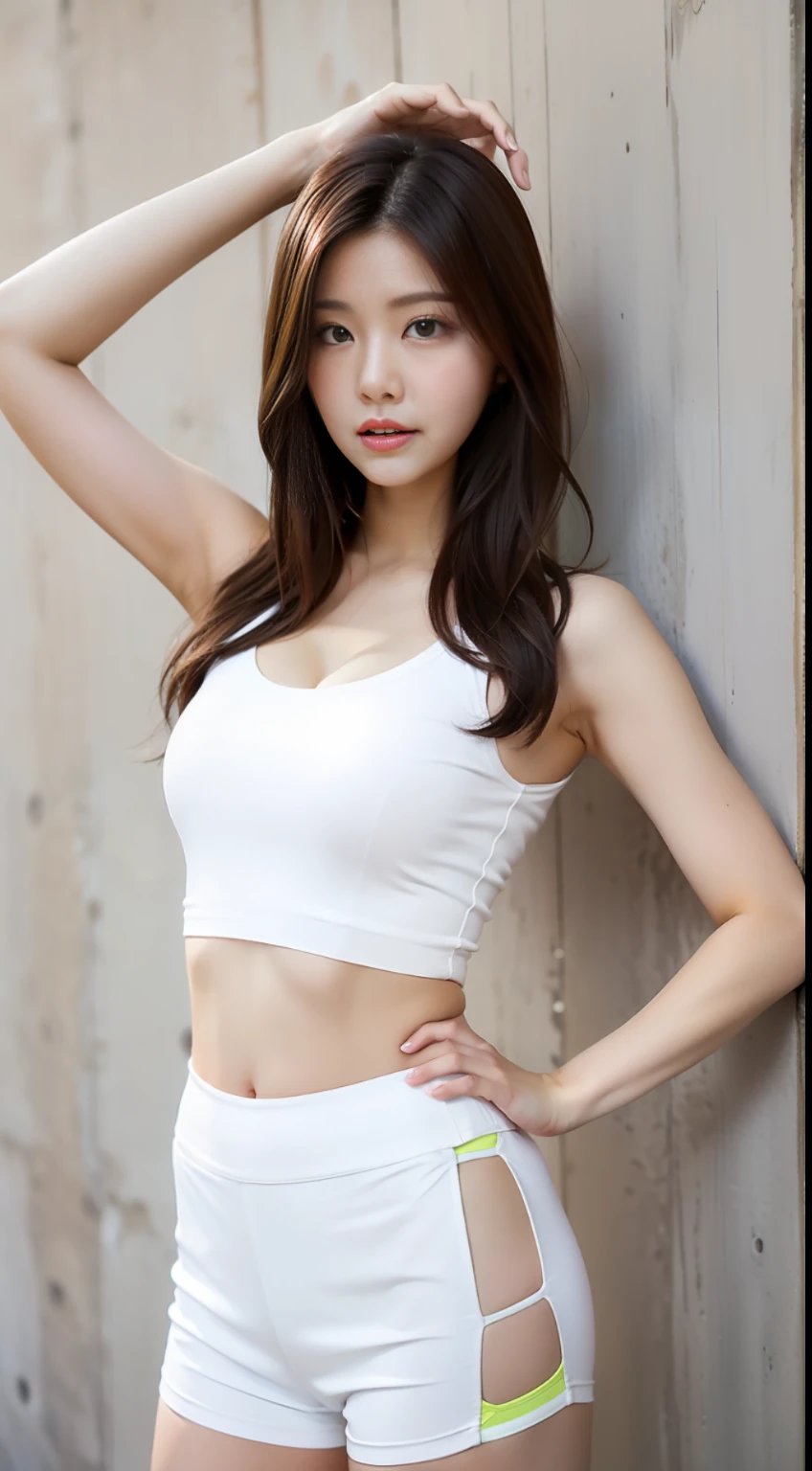 Girl posing for photo in white thin strap sleeveless top and white tight shorts，No bra, Against the wall，Keep your arms behind your back，full - body，Slim body，Smaller bust，Slim girl model，22-year-old female model，