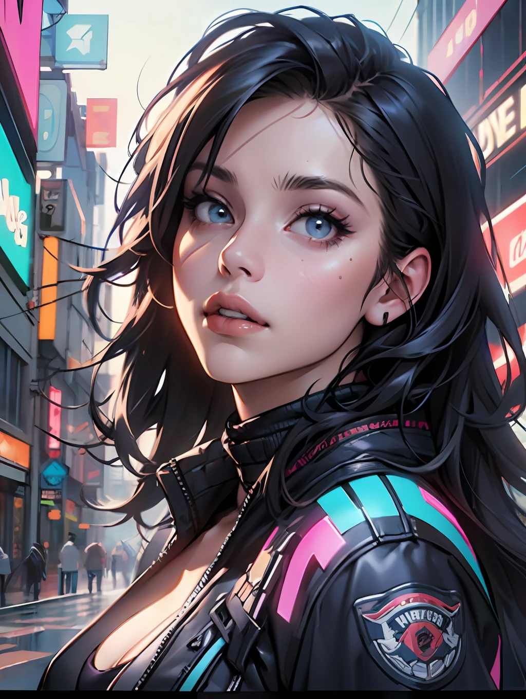 ((Close up Shot, GLITCH:1.25)),(Portrait of a CYBERPUNK LADY with Beautiful body and Black LONG hair), ((wearing INTRICATE JACKET)), {{looking up at viewer}}, Realistic :: (special effects) :: (CITYSCAPE in background), Cinematic color scheme art rendition, medibang, one head only, ad image, digital illustration, long exposure, studio lighting, UHD, cinematics, high detailed art, Models book cover, Fine linework, beautiful