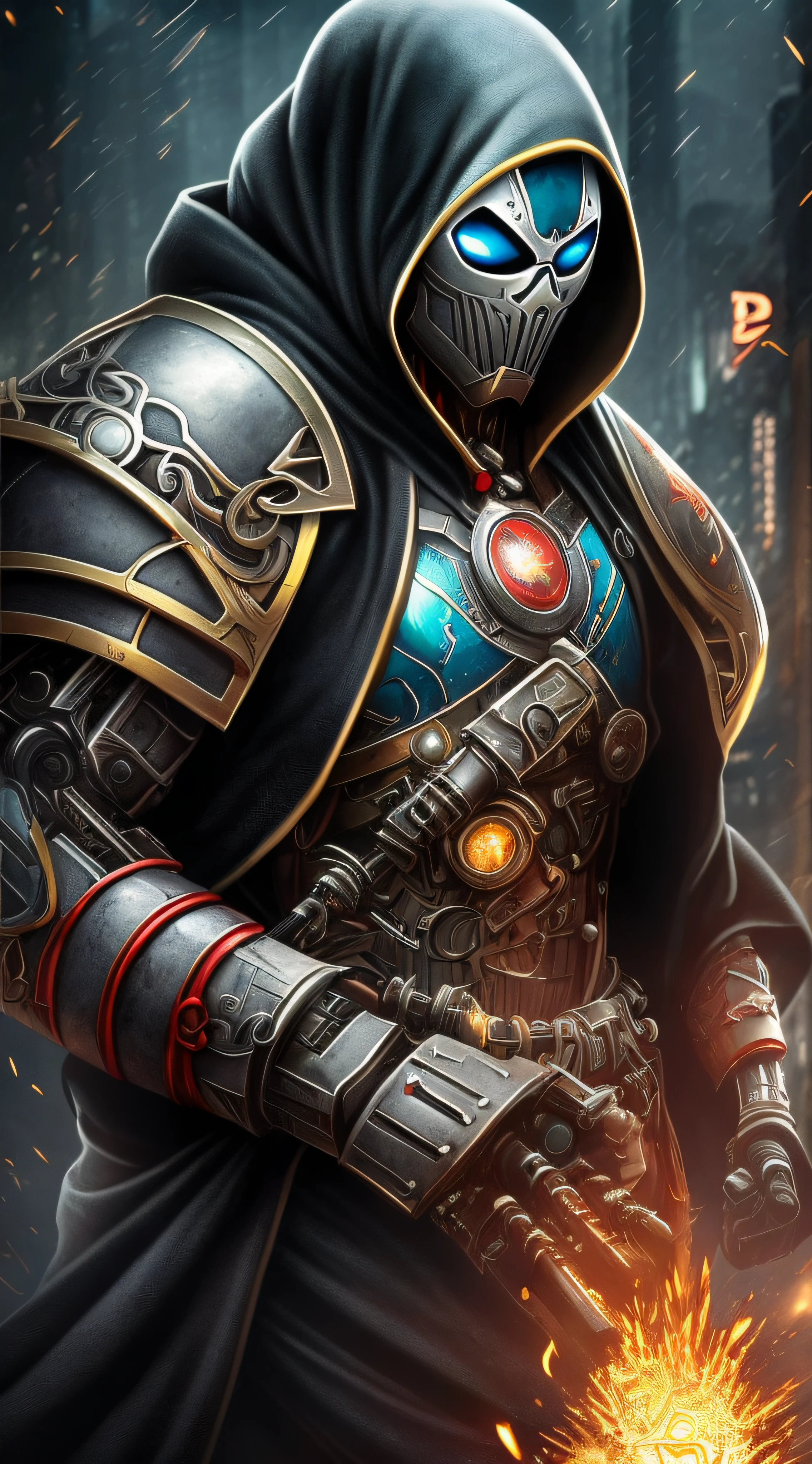 Dark Fantasy, Cyberpunk, 1man Mechanical marvel,spawn, Robotic presence, Cybernetic guardian, samurai mechanical armour, katana on the waist, absolutely stunning art, wearing a black cloak, highest quality art, highest resolution, hyper detailed,black and red